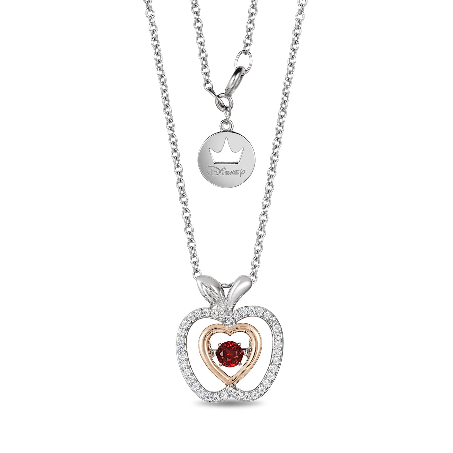 Enchanted Disney Fine Jewelry Sterling Silver and 10K Rose Gold with 1/6 CTTW Diamonds and Garnet Snow White Necklace