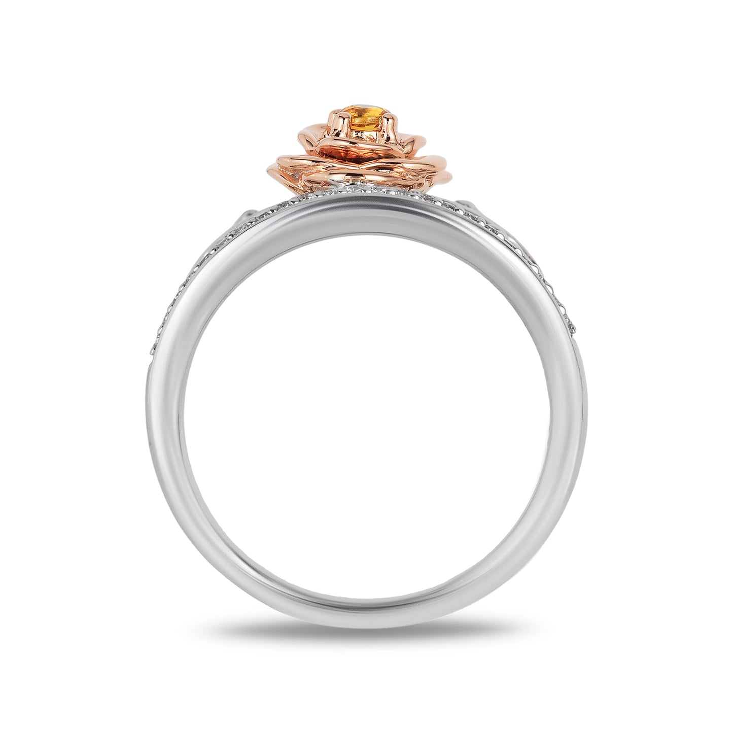 Enchanted Disney Fine Jewelry 14K Rose Gold Over Sterling Silver with 1/10 CTTW Diamond with Yellow Citrine Belle Rose Ring