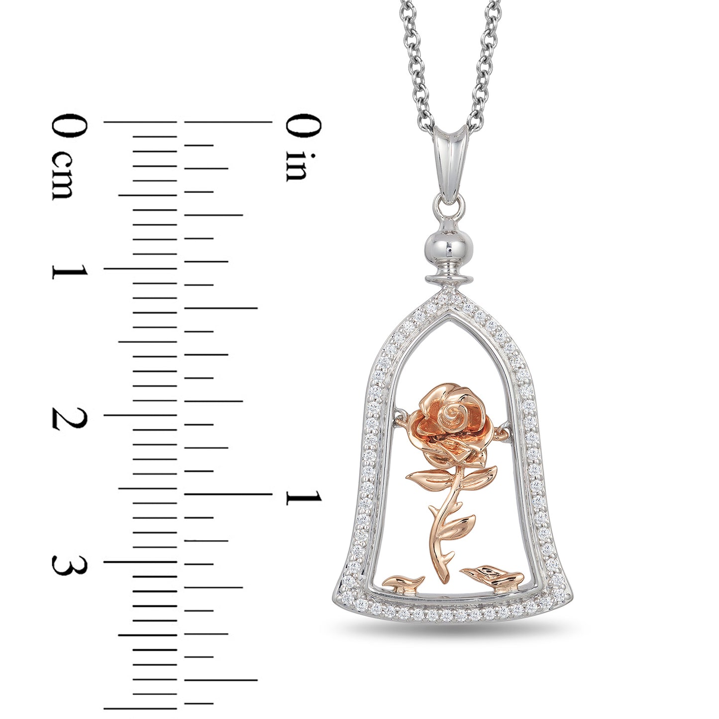 Enchanted Disney Fine Jewelry Sterling Silver and 10K Rose Gold with 1/5 CTTW Diamonds Belle Rose Jar Necklace
