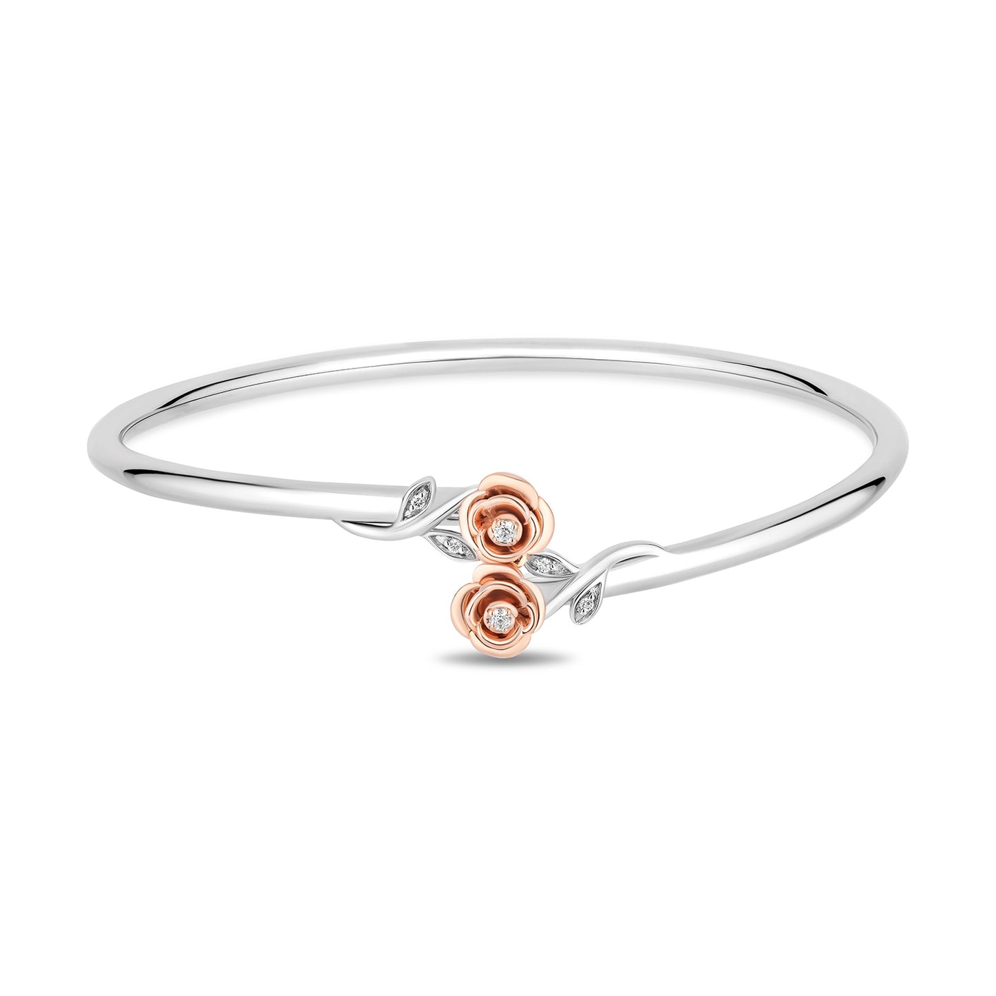 Enchanted Disney Fine Jewelry Sterling Silver and 10K Rose Gold with 1/10 CTTW Diamonds Belle Cuff Bangle