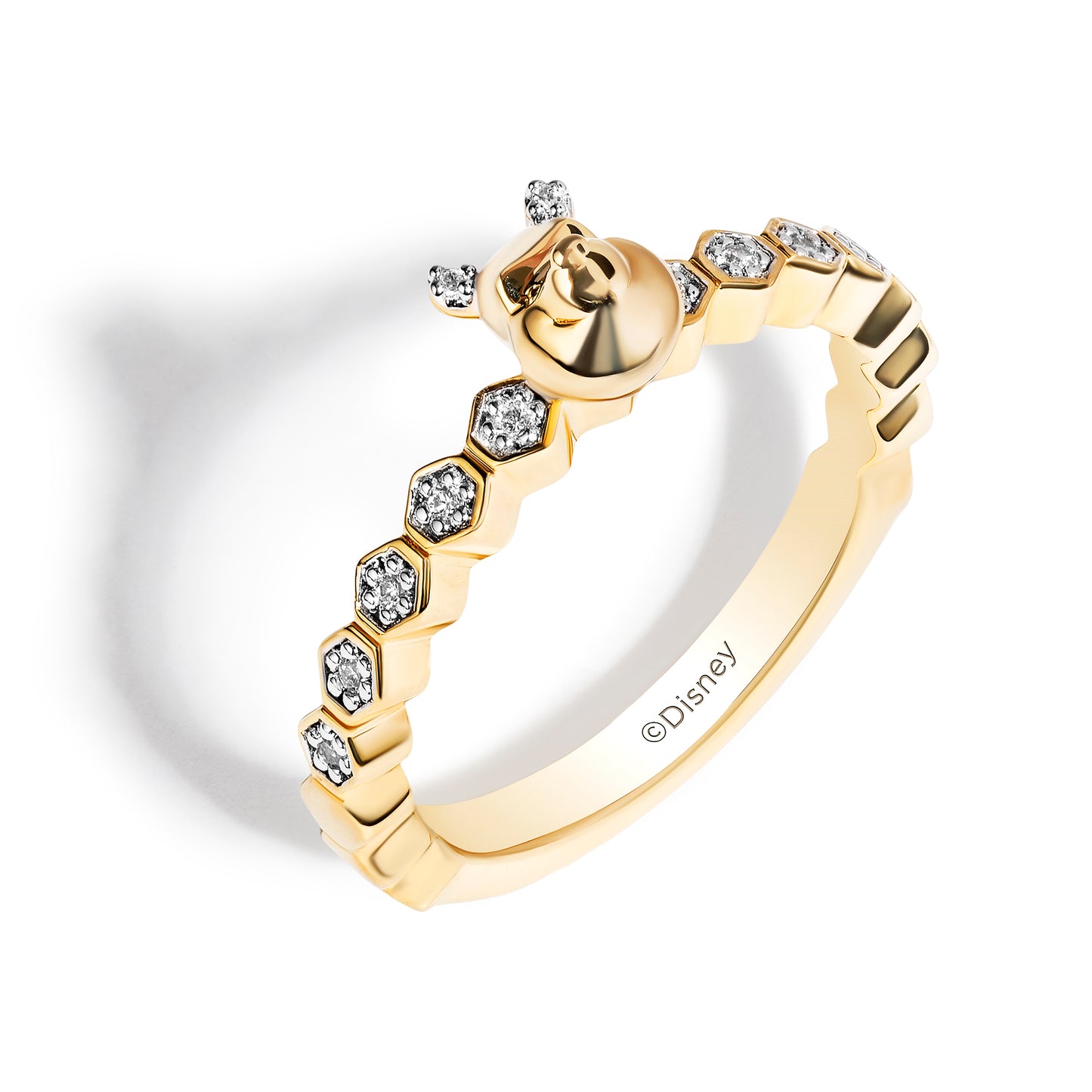 Disney Jewels 14K Yellow Gold over Sterling Silver with 1/12 CTTW Diamonds, Disney's Winnie The Pooh Honeycomb Stackable Ring