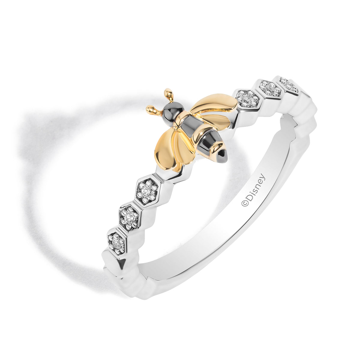 Disney Jewels 14K Yellow Gold and Black Rhodium over Sterling Silver with 1/12 CTTW Diamonds, Disney's Winnie The Pooh Honey Bee Stackable Ring