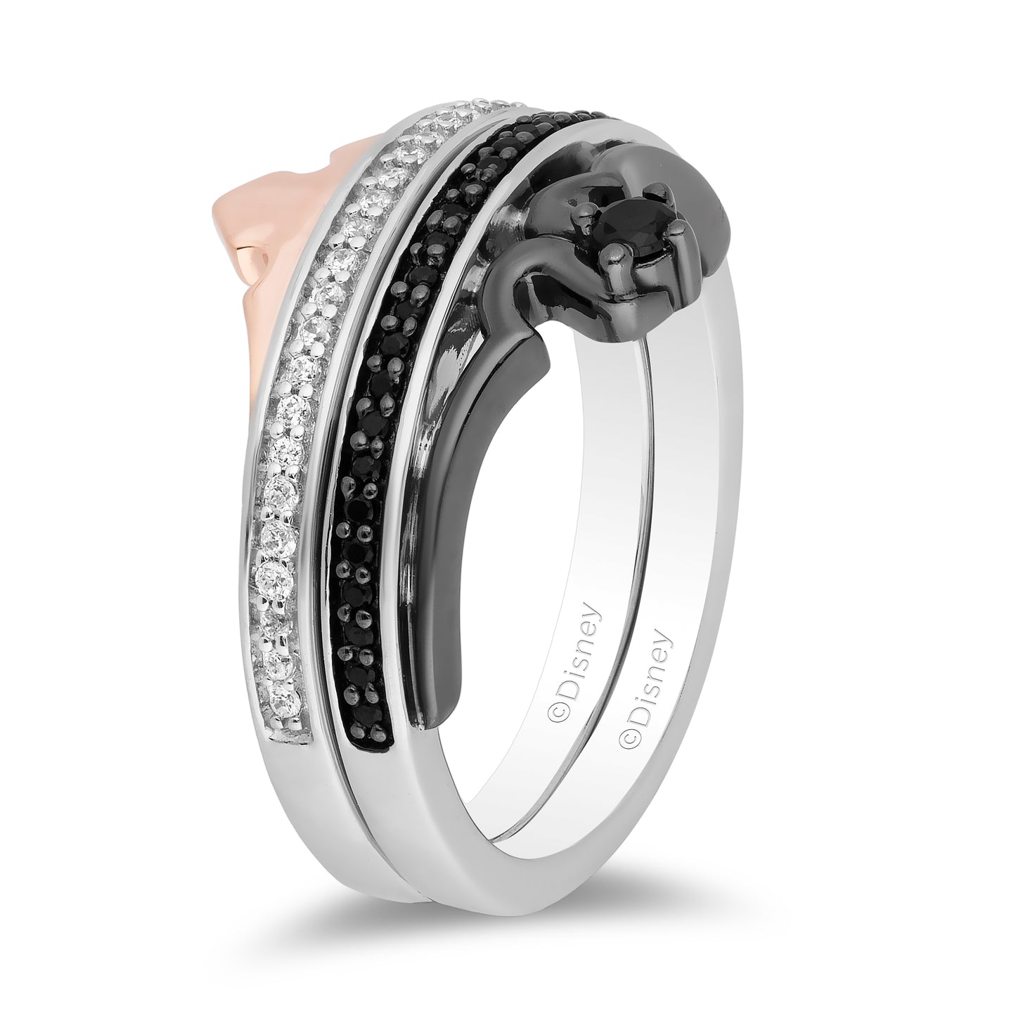Enchanted Disney Fine Jewelry Black Rhodium and 14K Rose Gold Over Sterling Silver with 1/4 CTTW Black and White Diamond Maleficent Aurora Duo Ring