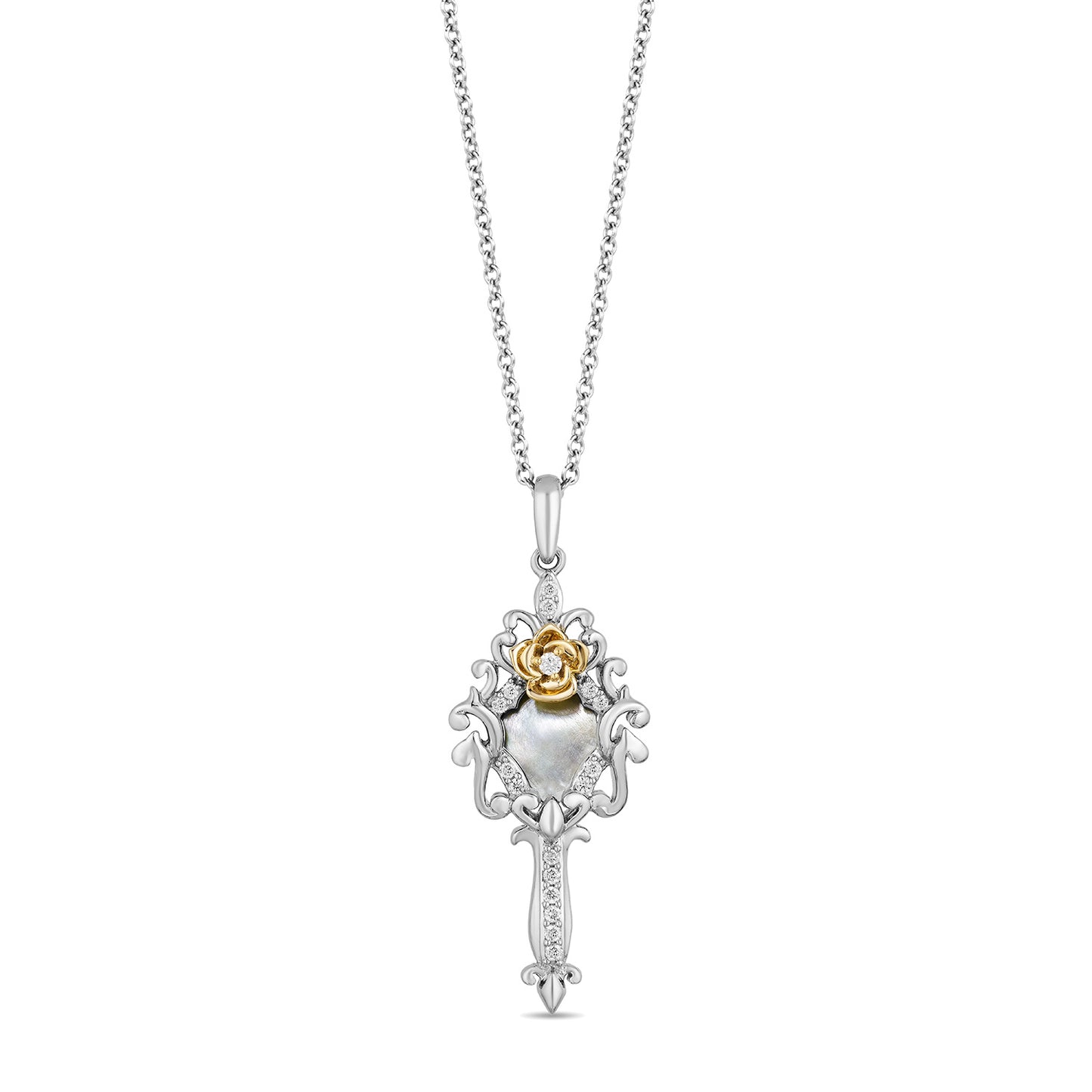 Enchanted Disney Fine Jewelry 14K Yellow Gold over Sterling Silver with 1/10 CTTW Diamond and Mother of Pearl, Disney's Belle Mirror Necklace