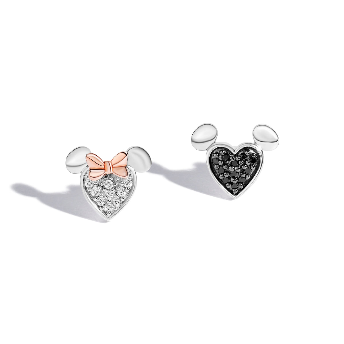 Disney Jewels 14K Rose Gold and Black Rhodium over Sterling Silver with 1/6 CTTW Black and White Diamonds, Disney's Mickey Mouse and Minnie Mouse Heart Stud Earrings