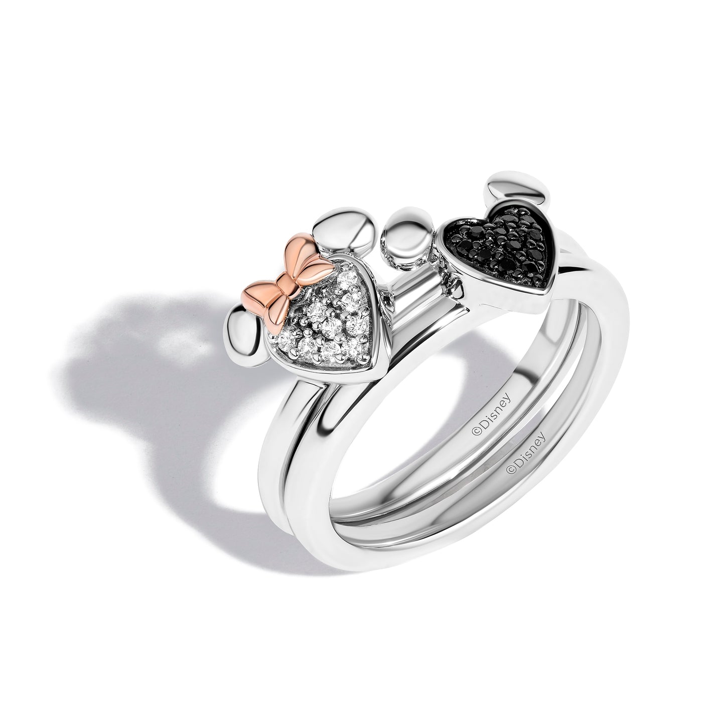 Disney Jewels 14K Rose Gold and Black Rhodium over Sterling Silver with 1/6 CTTW Black and White Diamonds, Disney's Mickey Mouse and Minnie Mouse Heart Stacklable Ring