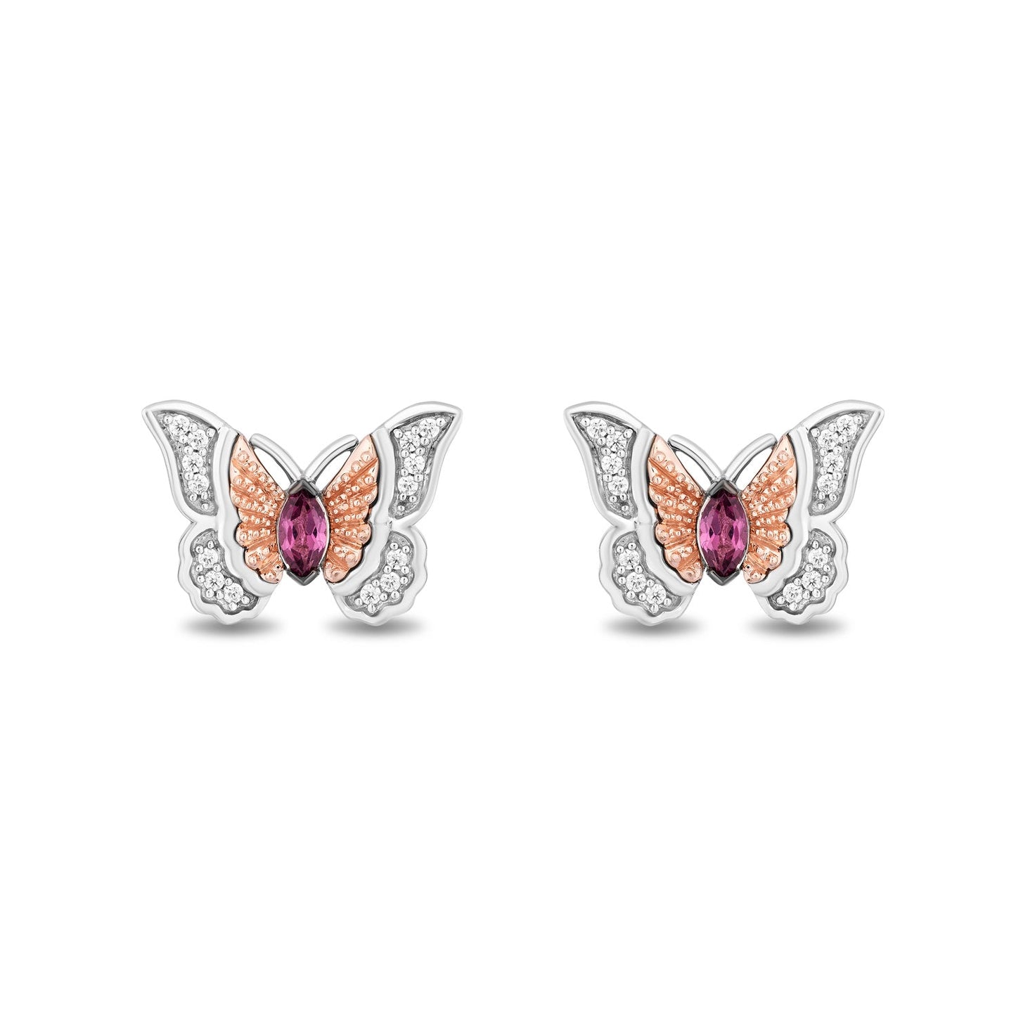 Enchanted Disney Fine Jewelry 14K Rose Gold over Sterling Silver with 1/10 CTTW Diamond and Rhodolite Garnet, Disney's Mulan Butterfly Earrings