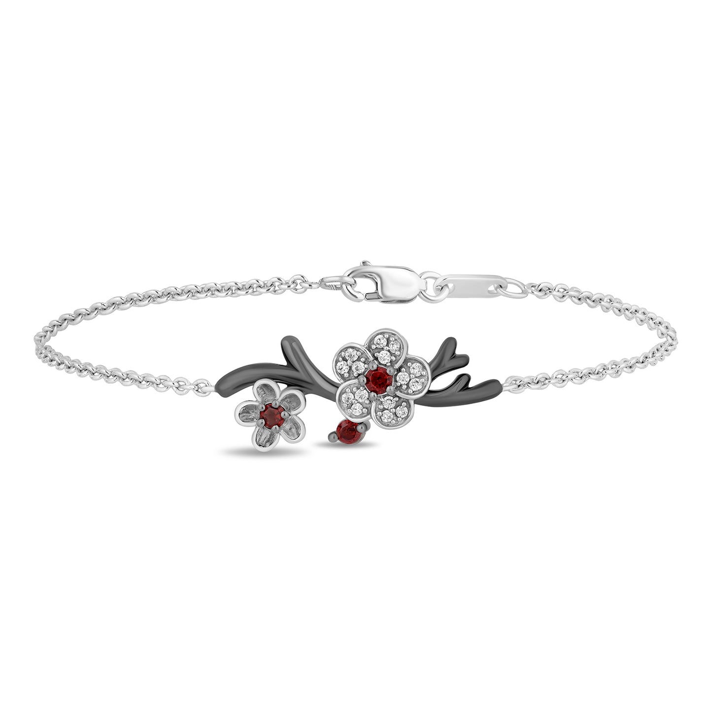 Enchanted Disney Fine Jewelry Black Rhodium over Sterling Silver with 1/7 CTTW Diamond and Red Garnet Mulan Bracelet