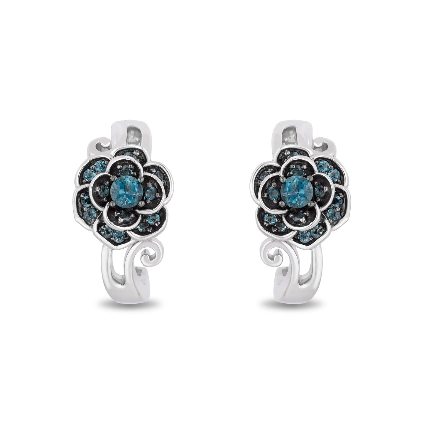 Enchanted Disney Fine Jewelry Sterling Silver with Diamond Accents and London Blue Topaz, Disney's Cinderella Gardenia Flower Huggie Earrings