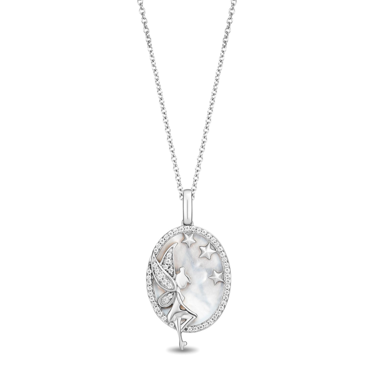 Enchanted Disney Fine Jewelry Sterling Silver with 1/6 CTTW Diamonds and Mother of Pearl Tinker Bell Necklace