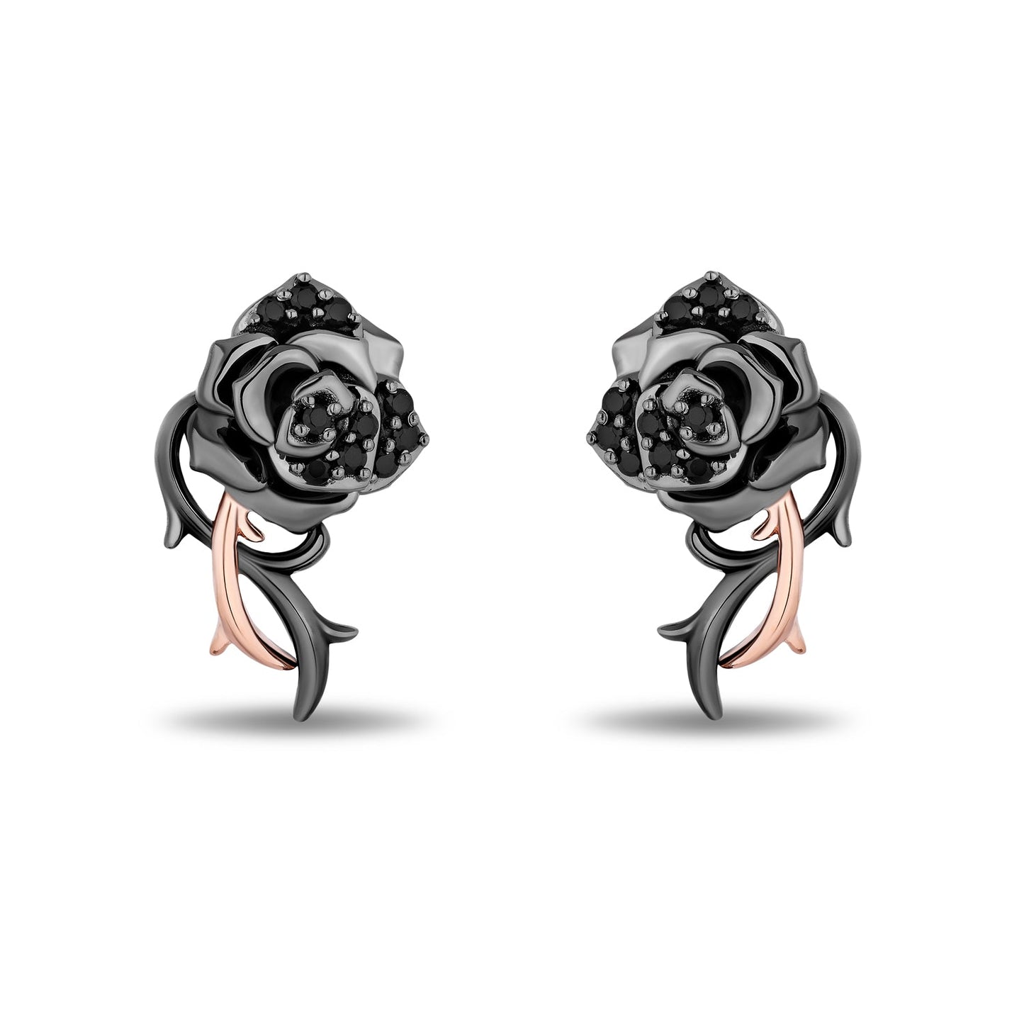 Enchanted Disney Fine Jewelry Black Rhodium Over Sterling Silver and 10K Rose Gold with 1/6 CTTW Black Diamonds Maleficent Rose Earrings