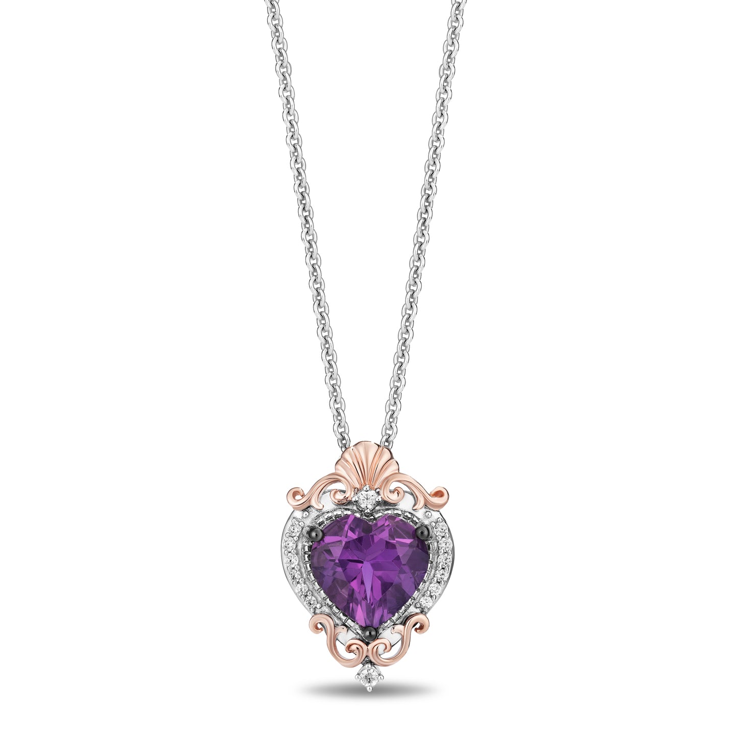 Enchanted Disney Fine Jewelry Sterling Silver and 10K Rose Gold with 1/10 CTTW. Diamonds and Heart Amethyst Ariel Pendant Necklace