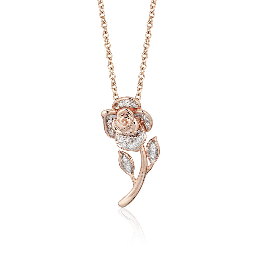 Enchanted Disney Fine Jewelry 14K Rose Gold Over Sterling Silver with 1/10 CTTW Diamonds Belle Rose Necklace