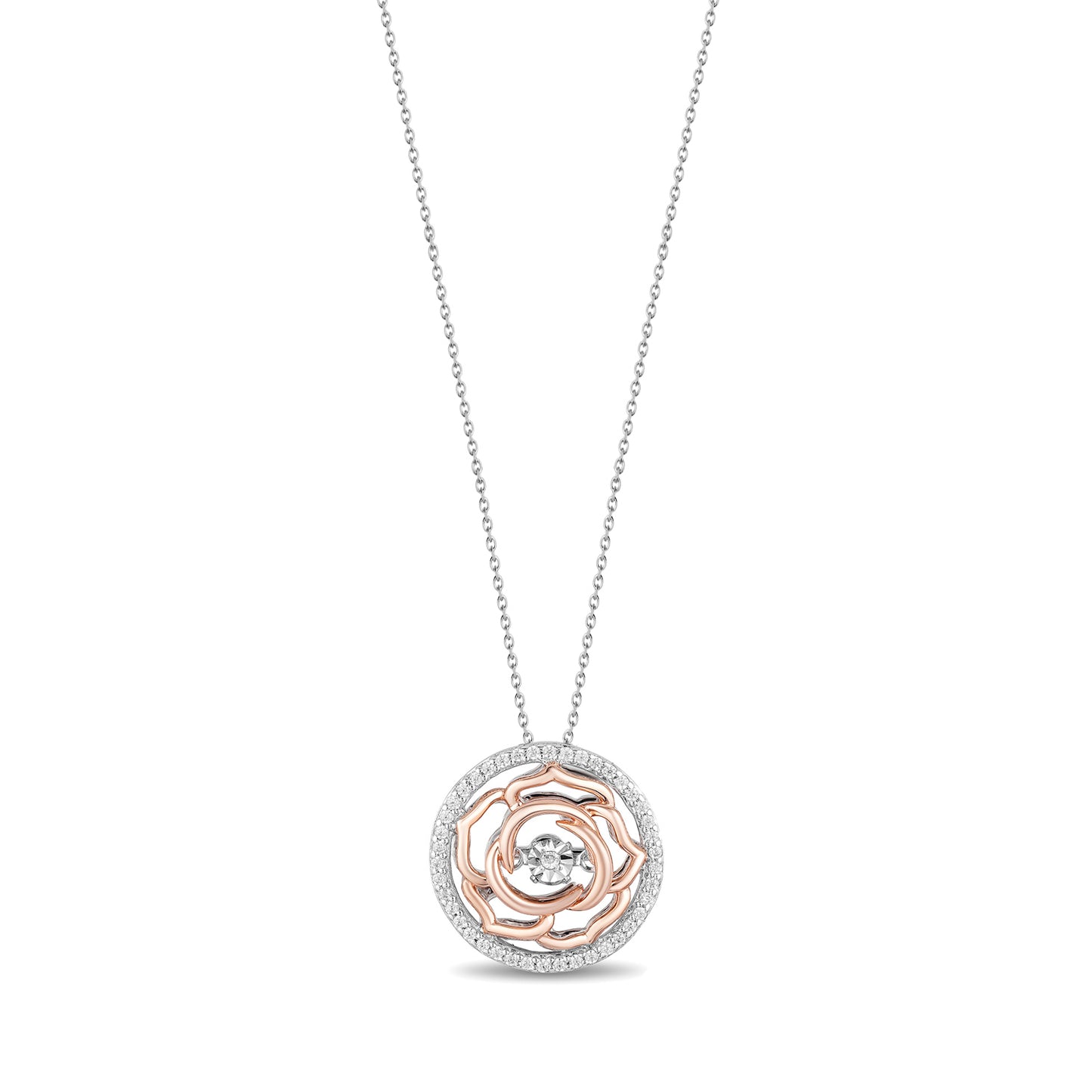Enchanted Disney Fine Jewelry 14K Rose Gold over Sterling Silver with 1/6 CTTW Diamond, Disney's Belle Rose Necklace