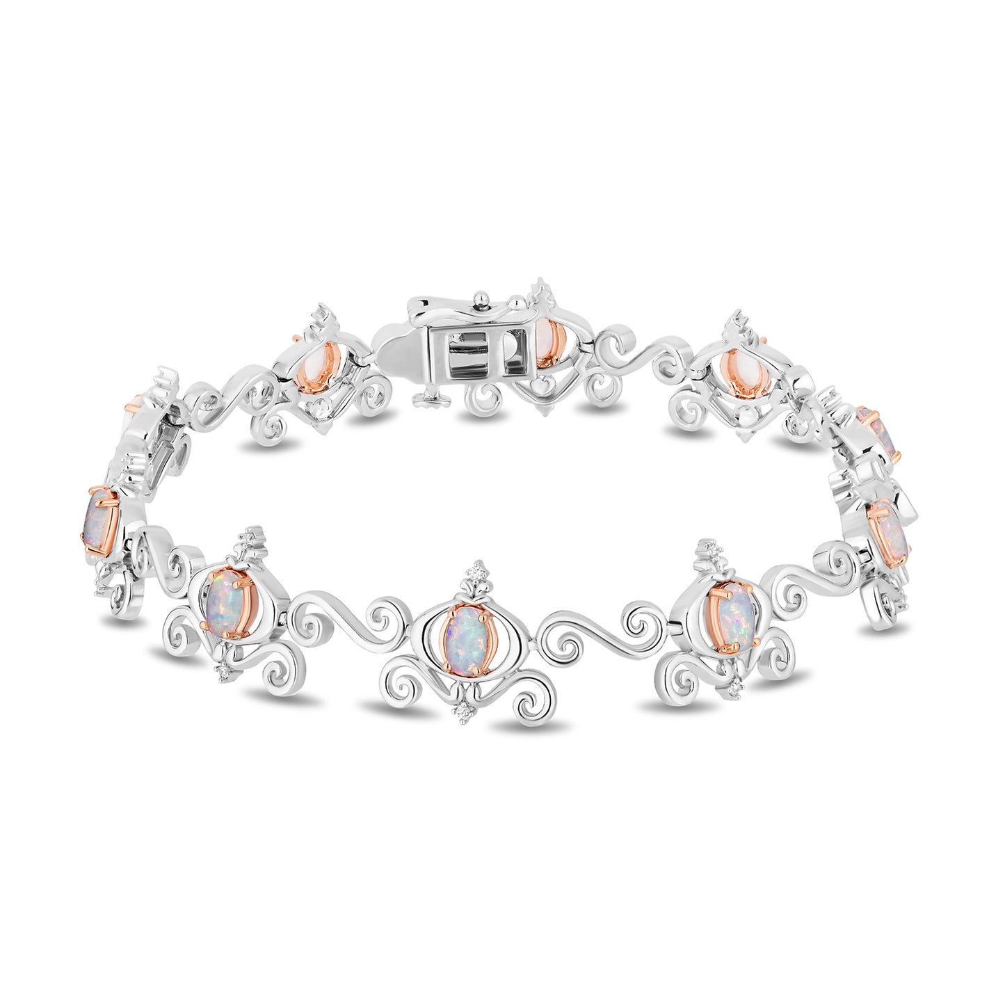 Enchanted Disney Fine Jewelry Sterling Silver and 10K Rose Gold with 1/10 CTTW Diamonds and Created Opal Cinderella Bracelet
