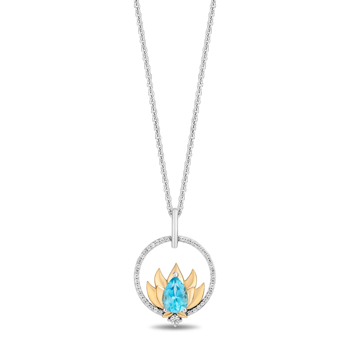 Enchanted Disney Fine Jewelry 14K Yellow Gold Over Sterling Silver with 1/6 CTTW Diamonds and Swiss Blue Topaz Jasmine Pendant Necklace