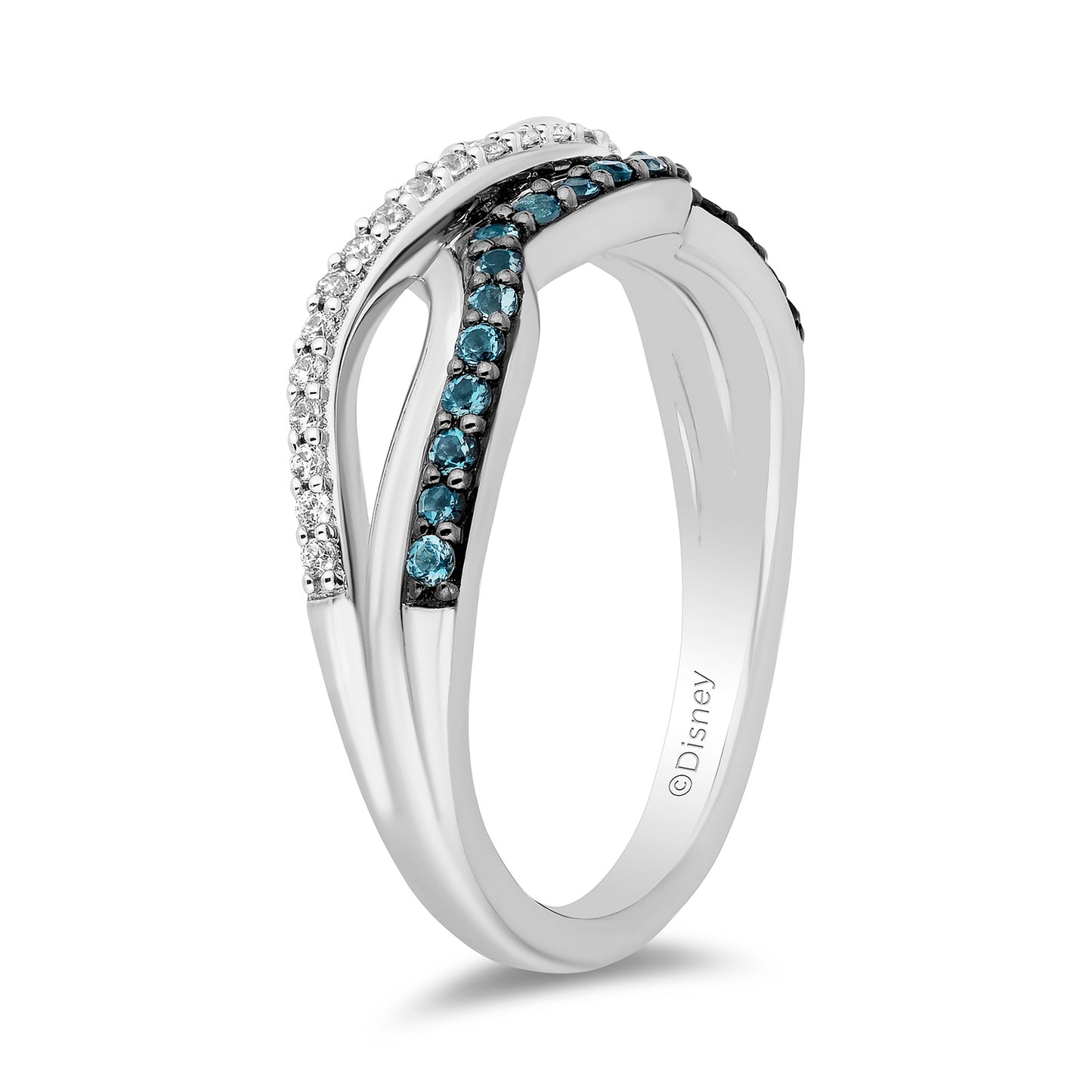 Enchanted Disney Fine Jewelry Sterling Silver with 1/8 CTTW Diamonds and London Blue Topaz Moana Wave Ring