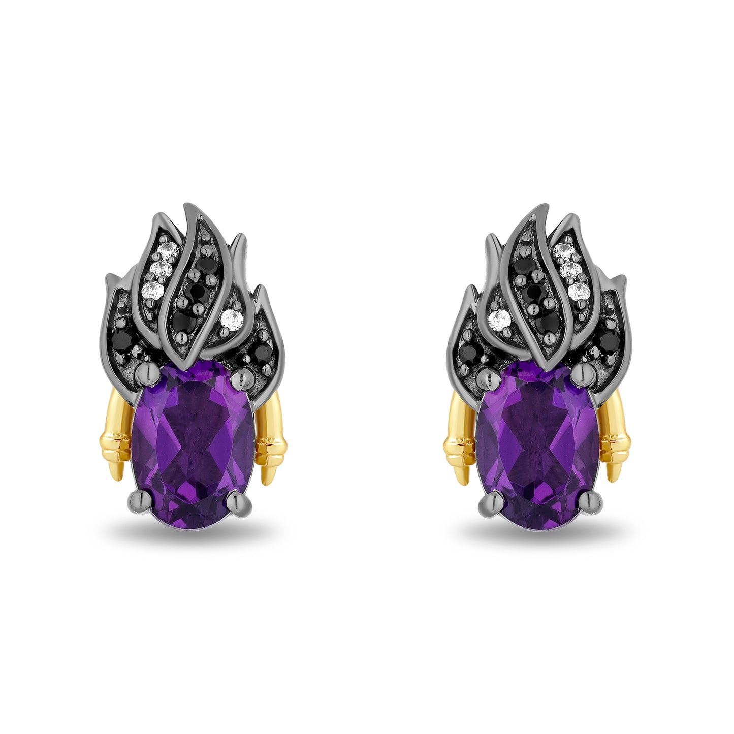 Enchanted Disney Fine Jewelry Black Rhodium Over Sterling Silver and 10K Yellow Gold with 1/10 CTTW Diamonds and Amethyst Ursula Stud Earrings