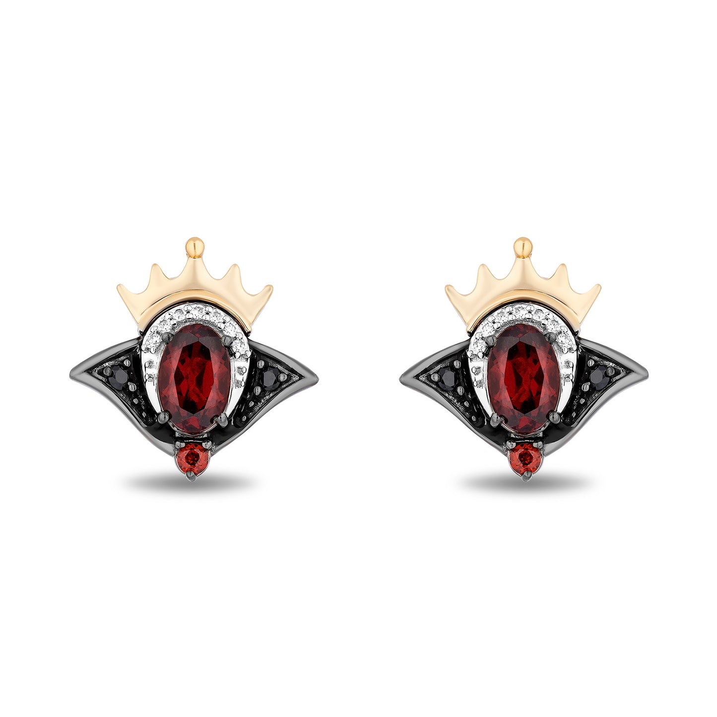 Enchanted Disney Fine Jewelry Black Rhodium Over Sterling Silver and 10K Yellow Gold with 1/10 CTTW Diamonds and Garnet Evil Queen Stud Earrings