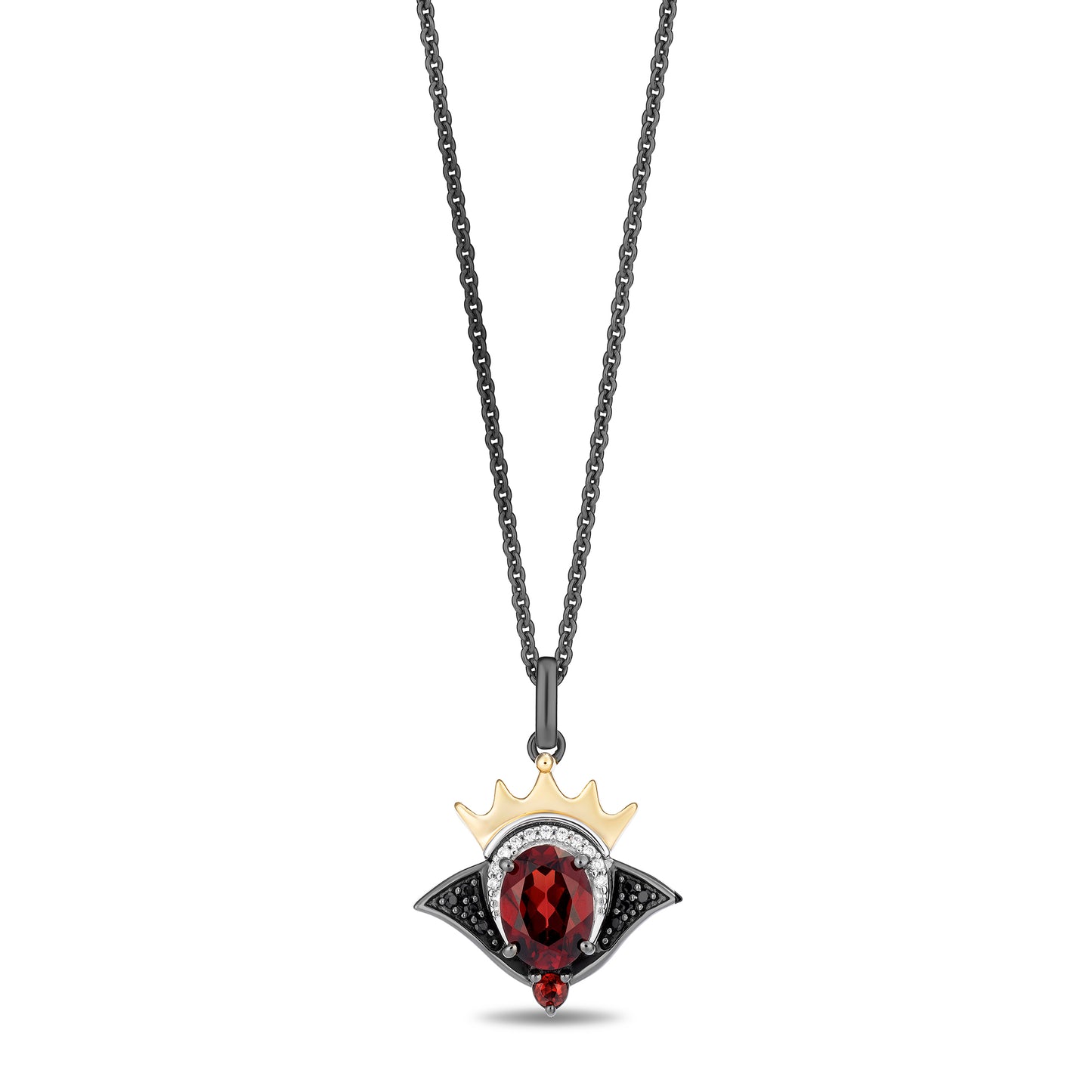 Enchanted Disney Fine Jewelry Black Rhodium Over Sterling Silver and 10K Yellow Gold with 1/10 CTTW Diamonds and Garnet Evil Queen Necklace