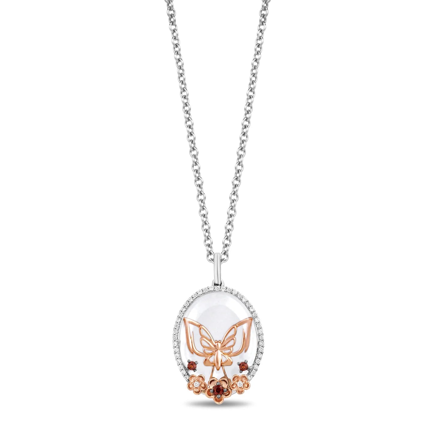 Enchanted Disney Fine Jewelry 14K Rose Gold over Sterling Silver with 1/6 CTTW Diamonds, Flat Back White Transparent Quartz and Garnet Mulan Necklace