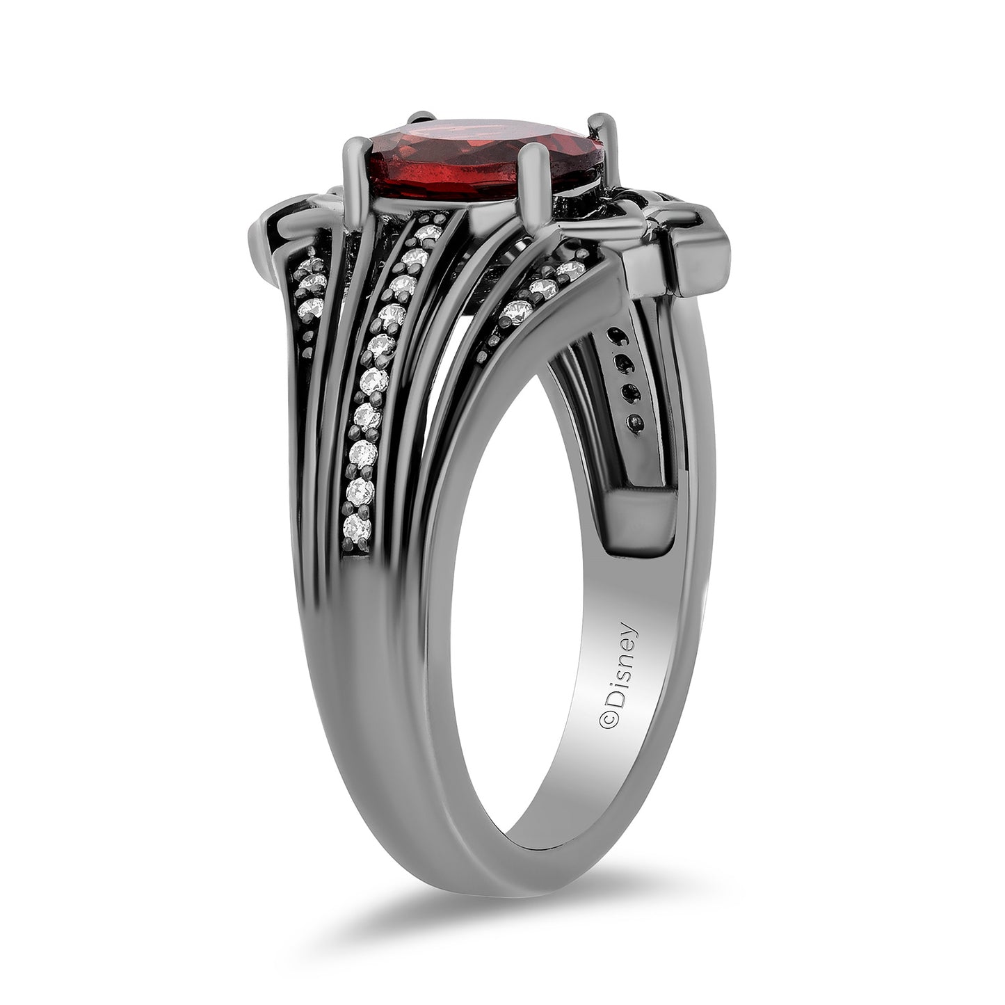 Enchanted Disney Fine Jewelry Black Rhodium over Sterling Silver with 1/8 CTTW Diamonds and Garnet Evil Queen Ring
