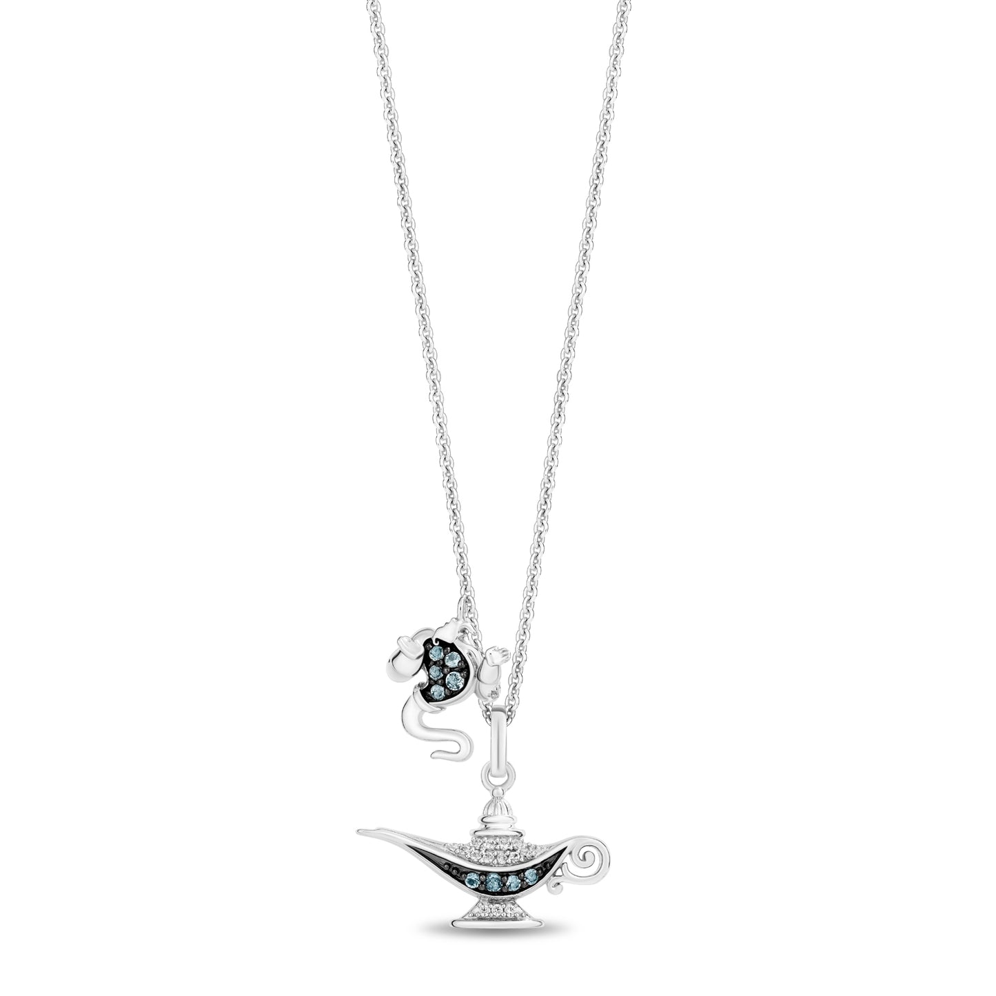 Enchanted Disney Fine Jewelry Black Rhodium over Sterling Silver with 1/20 CTTW Diamonds and Sky Blue Topaz Jasmine Necklace