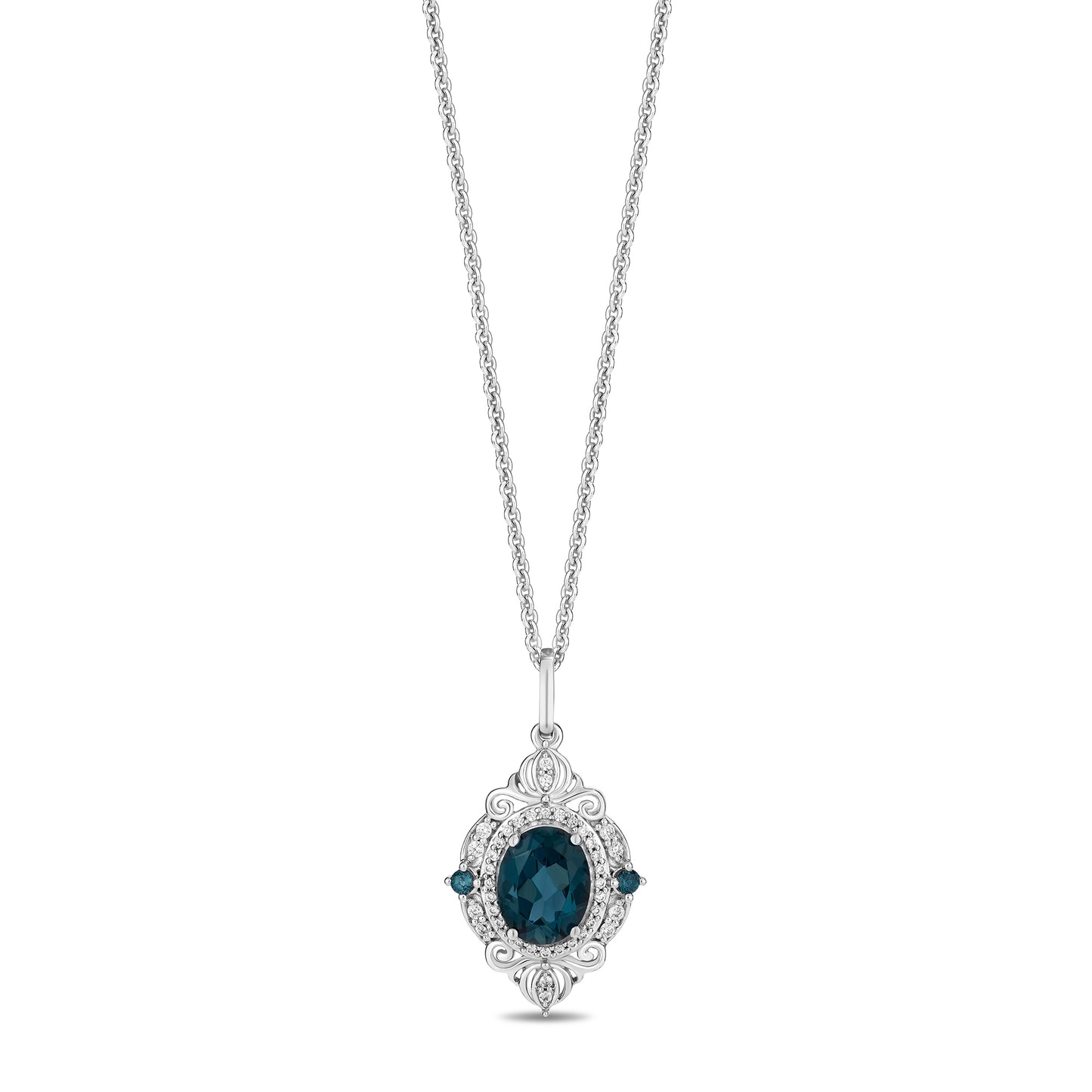 Enchanted Disney Fine Jewelry Sterling Silver with 1/6 CTTW Diamonds and London Blue Topaz Cinderella Pendant Necklace