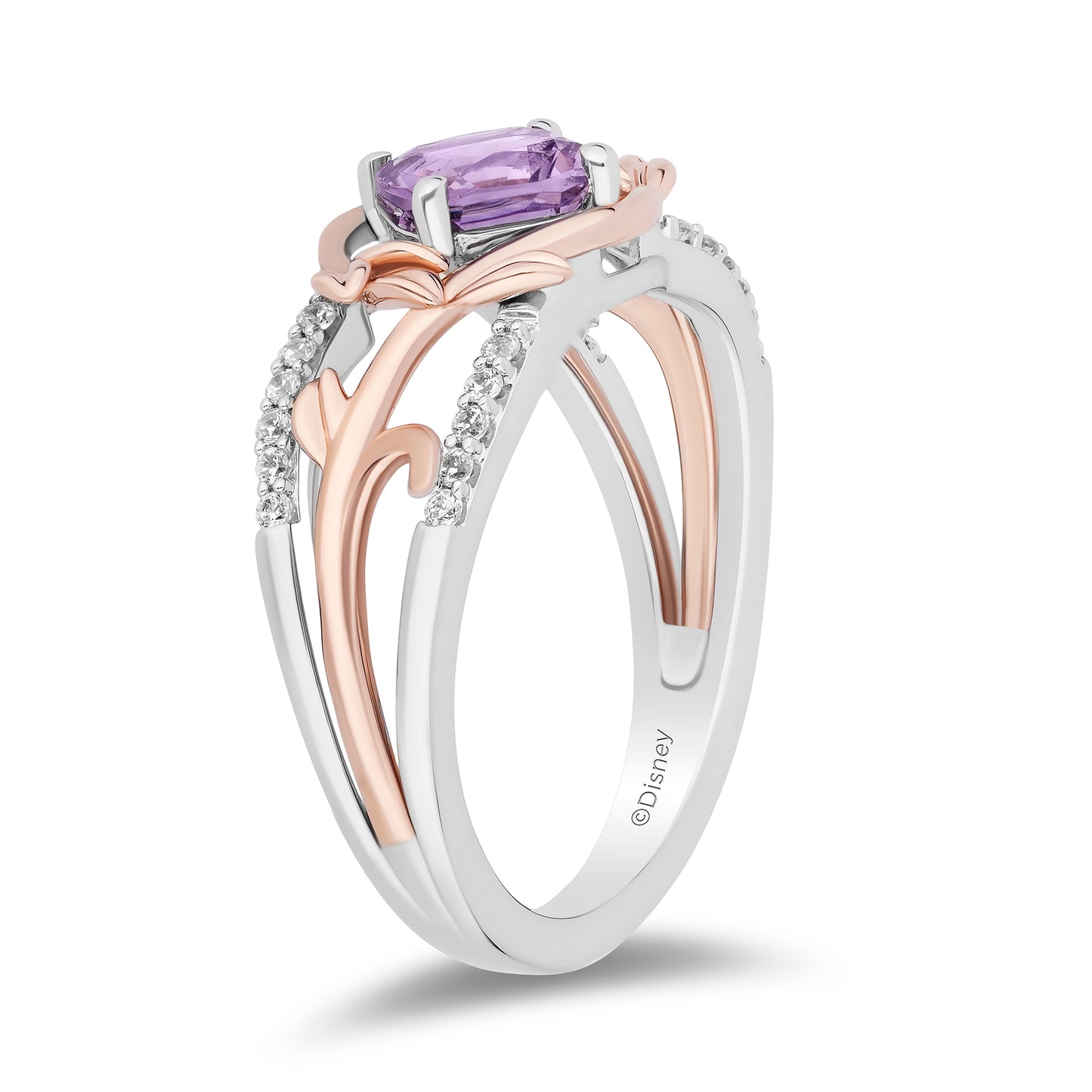 Enchanted Disney Fine Jewelry Sterling Silver and 10K Rose Gold with 1/10 CTTW Diamonds and Rose De France Rapunzel Ring