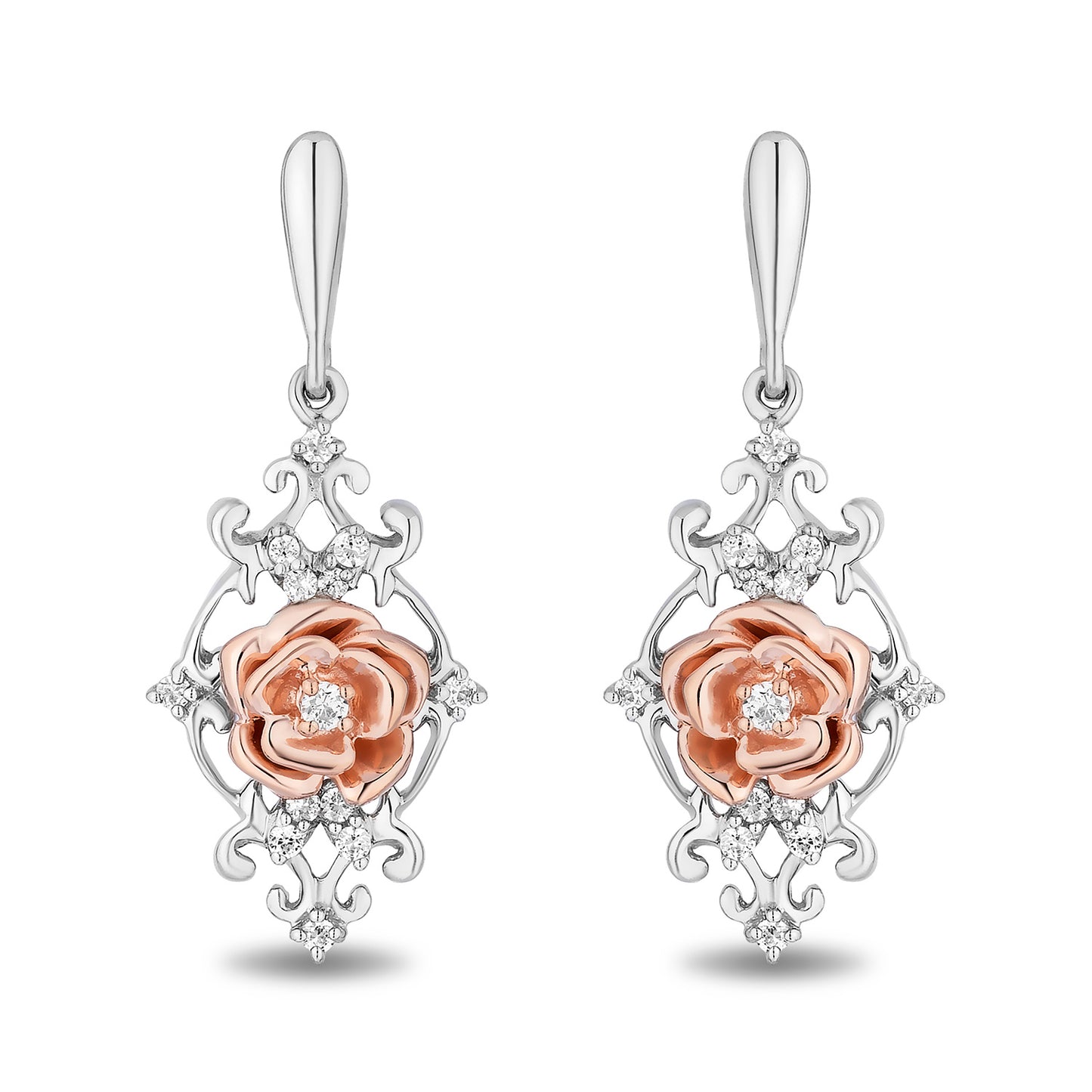 Enchanted Disney Fine Jewelry 14K Rose Gold Over Sterling Silver with 1/10 CTTW Diamonds Belle Earrings