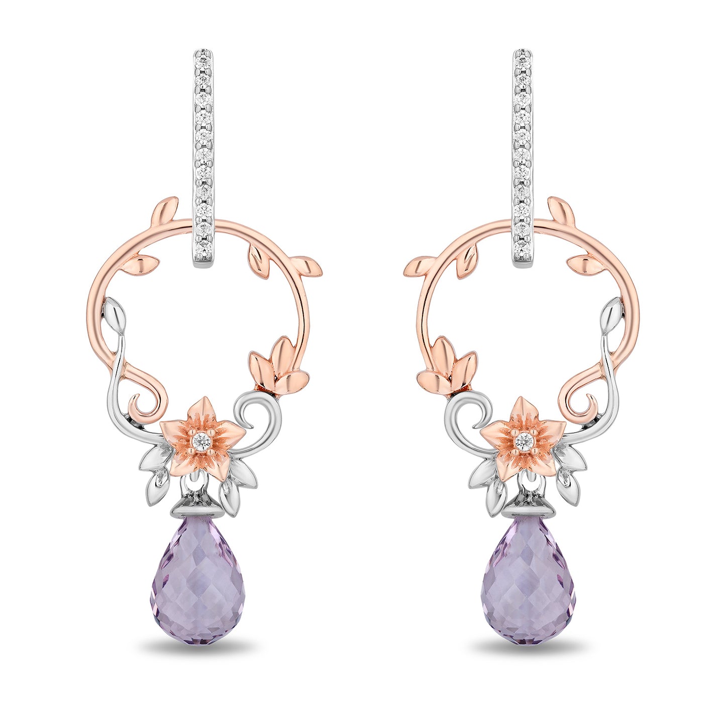 Enchanted Disney Fine Jewelry 14K Rose Gold Over Sterling Silver with 1/6 CTTW Diamonds and Rose De France Briolette Rapunzel Earrings