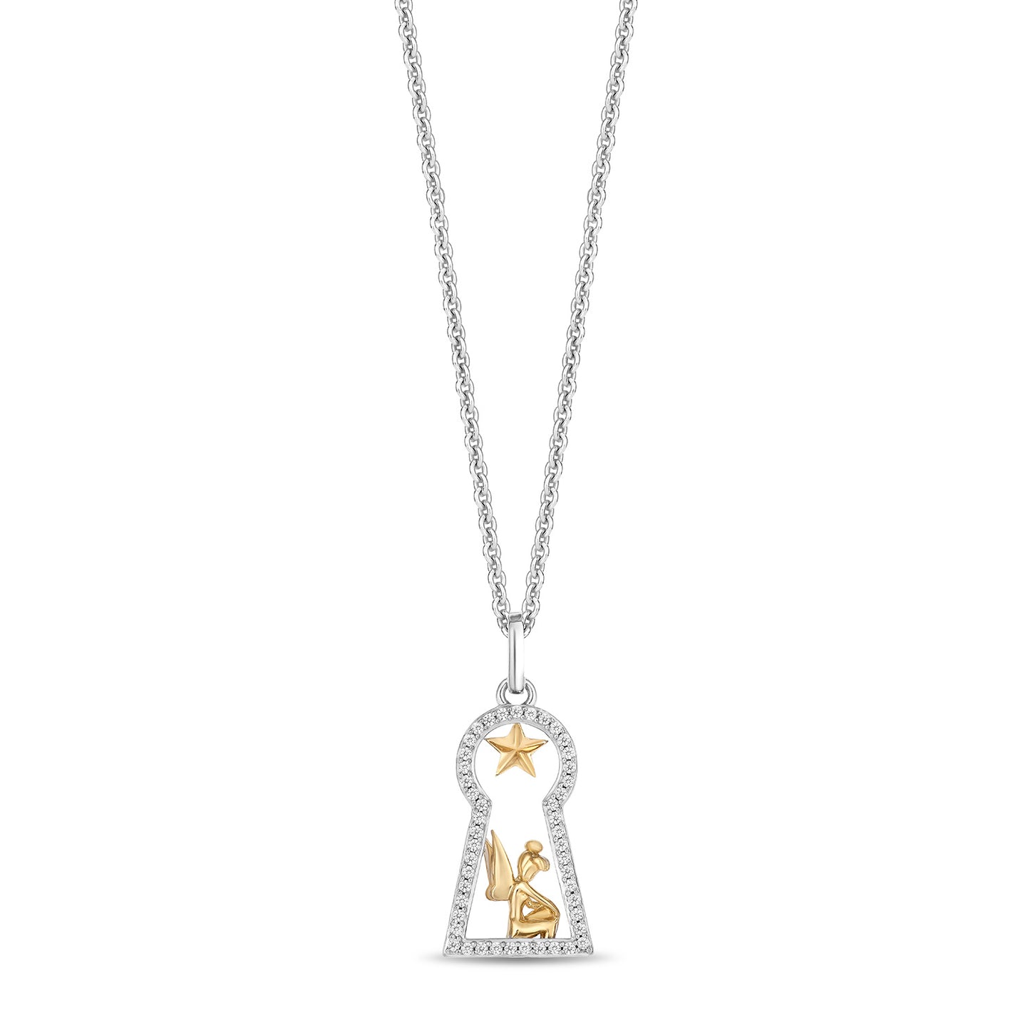 Enchanted Disney Fine Jewelry Sterling Silver and 10K Yellow Gold with 1/6 CTTW Diamonds Tinker Bell Pendant Necklace