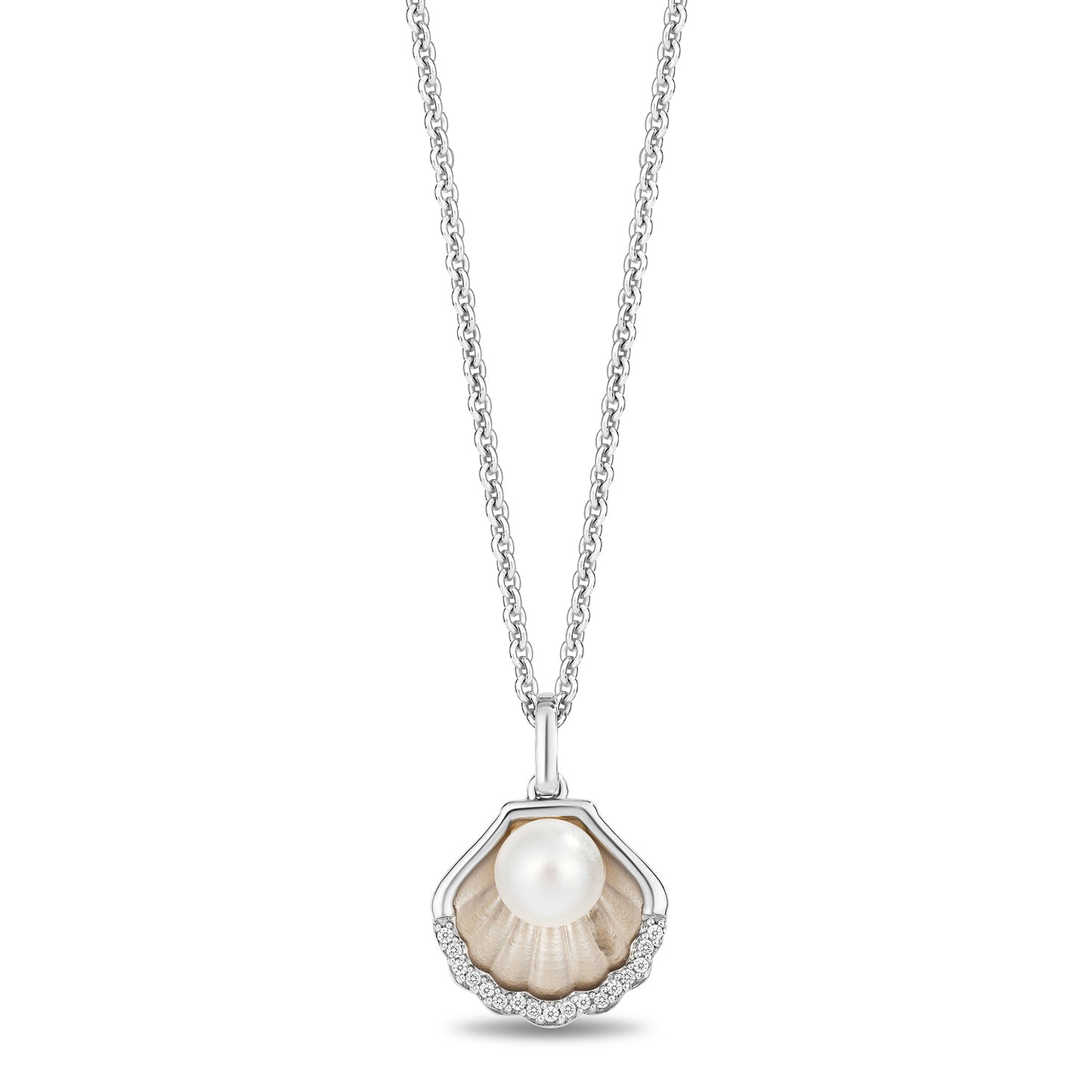 Enchanted Disney Fine Jewelry Sterling Silver with 1/20 CTTW Diamonds and Pearl Ariel Shell Pendant Necklace