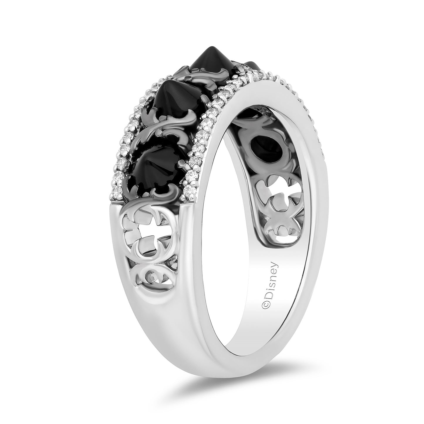 Enchanted Disney Fine Jewelry Black Rhodium Over Sterling Silver with 1/6 CTTW Diamonds and Black Onyx Maleficent Ring