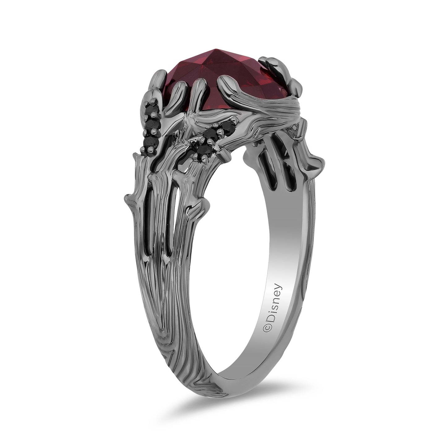 Enchanted Disney Fine Jewelry Black Rhodium Over Sterling Silver with 1/10 CTTW Black Diamonds and Garnet Evil Queen Ring