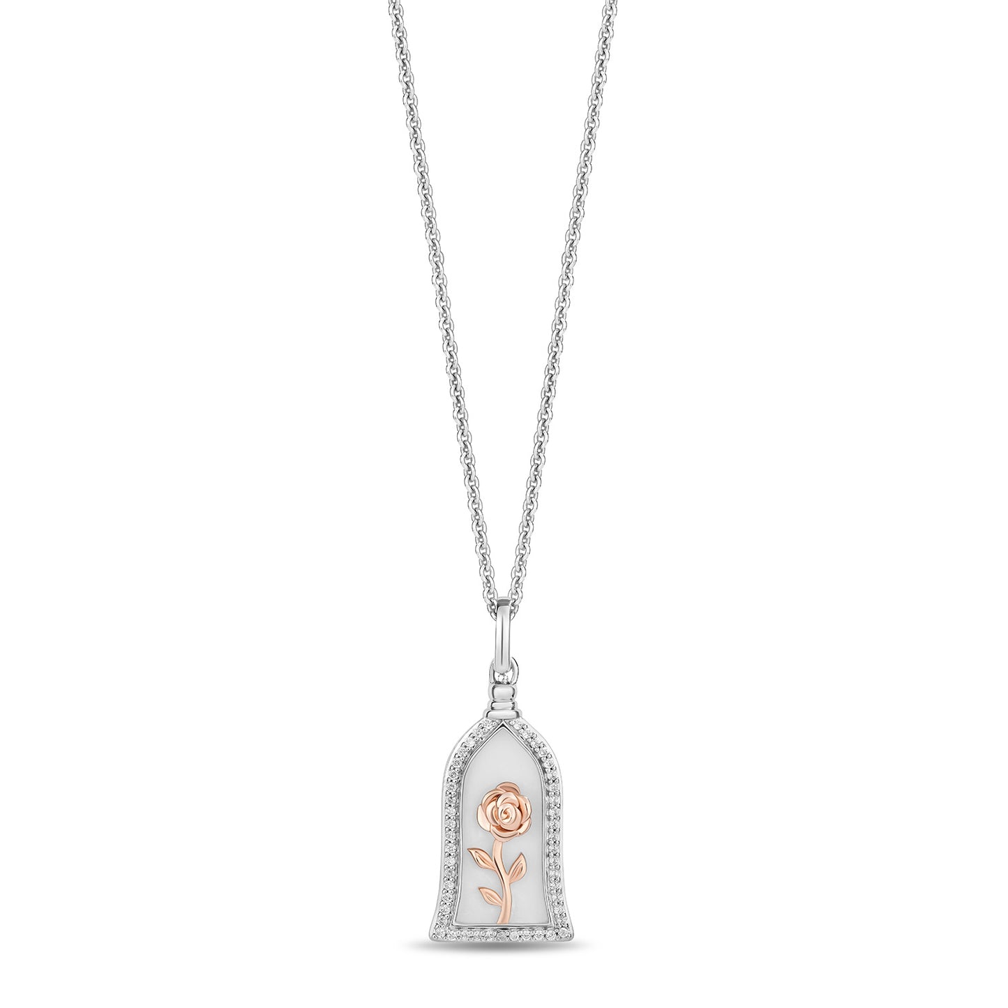 Enchanted Disney Fine Jewelry 14K Rose Gold Over Sterling Silver with 1/6 CTTW Diamonds and Mother of Pearl Belle Rose Jar Pendant Necklace
