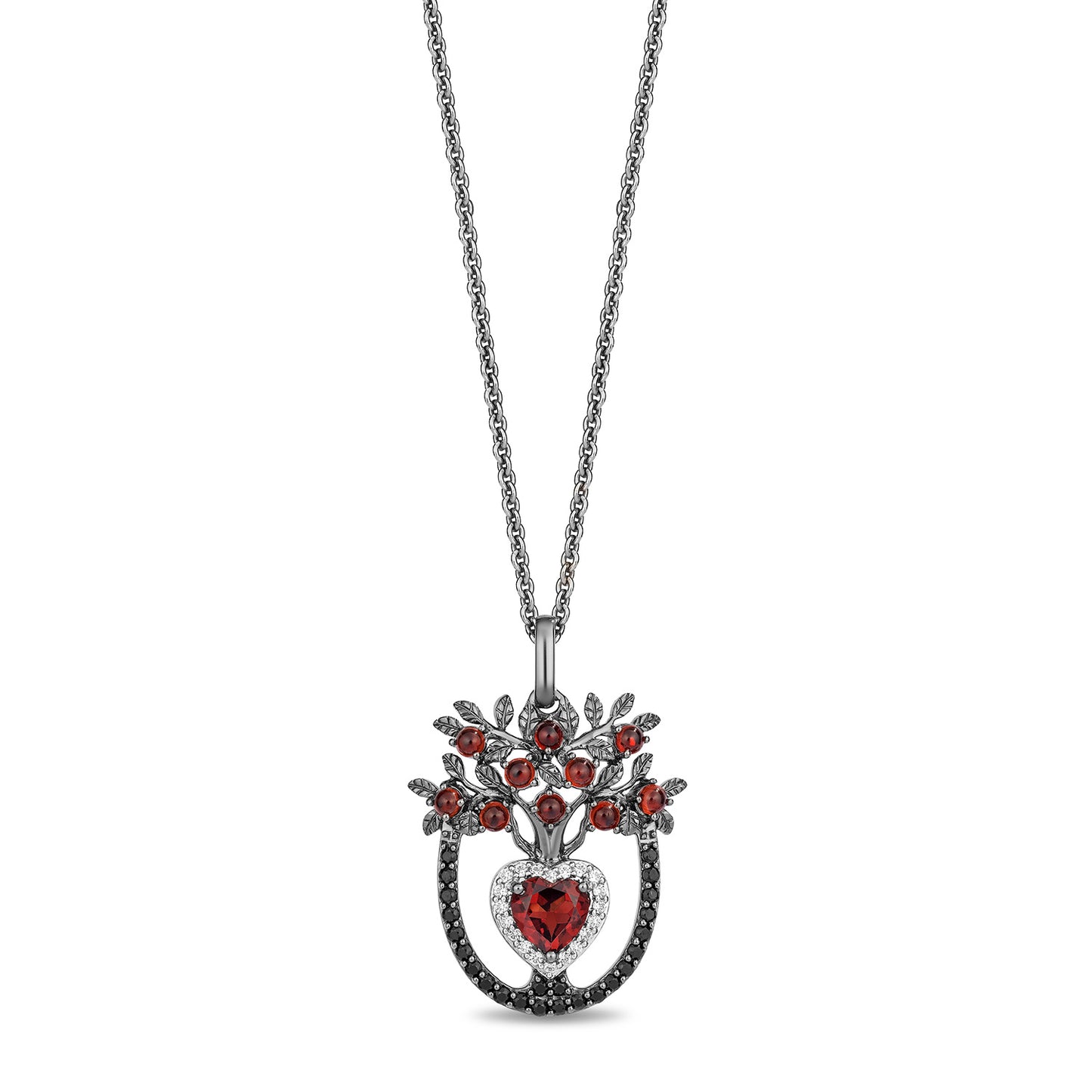Enchanted Disney Fine Jewelry Black Rhodium Over Sterling Silver with 1/4 CTTW White and Black Diamonds and Garnet Evil Queen Dark Woods Pendant Necklace