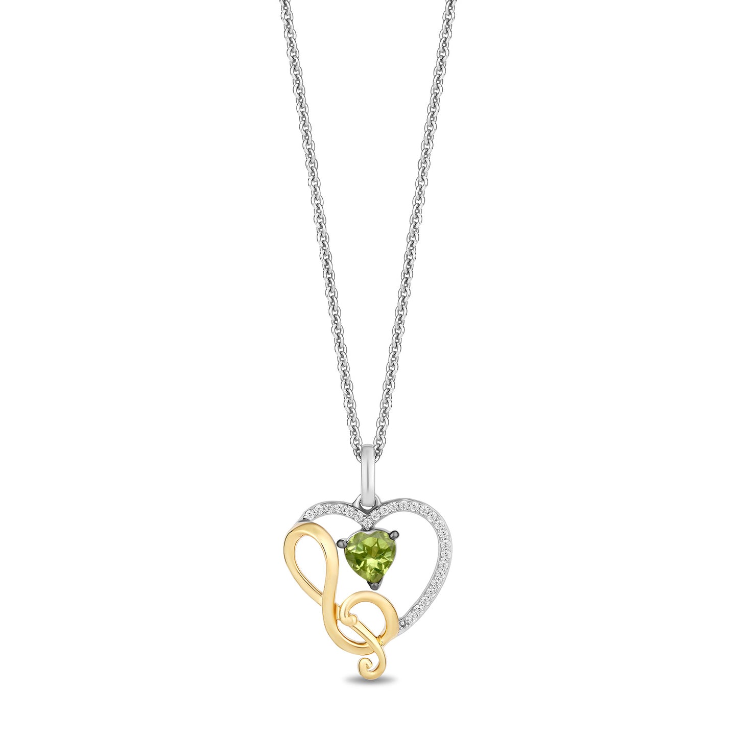 Enchanted Disney Fine Jewelry Sterling Silver and 10K Yellow Gold with 1/20 CTTW Diamonds and Heart-shaped Peridot, Disney's Tiana Pendant Necklace