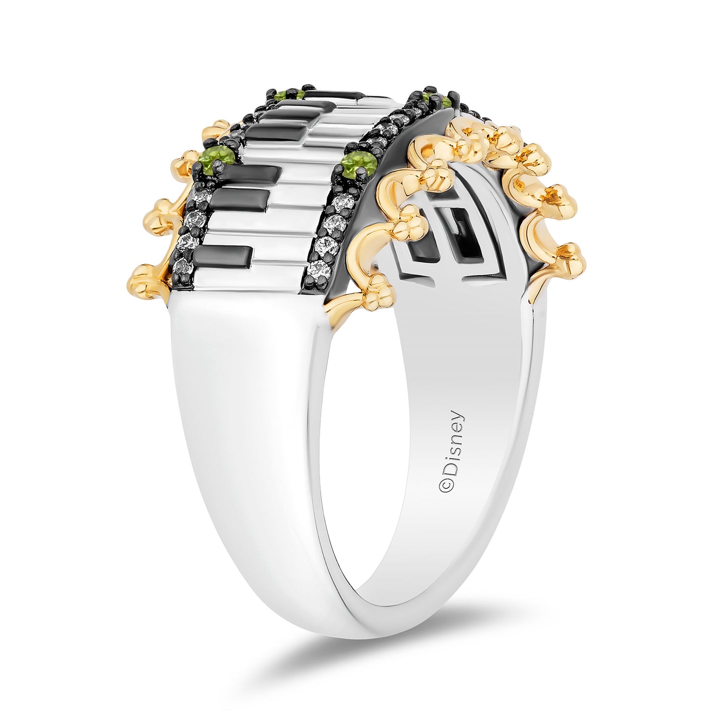 Enchanted Disney Fine Jewelry Black Rhodium Over Sterling Silver and 10K Yellow Gold with 1/8 CTTW Diamonds and Peridot, Disney's Tiana Piano Ring