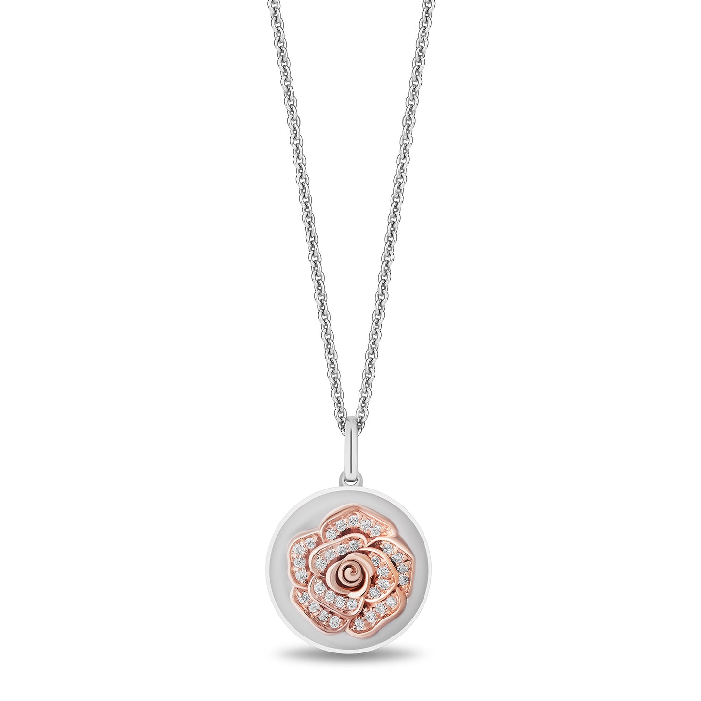 Enchanted Disney Fine Jewelry Sterling Silver and 10K Rose Gold with 1/8 CTTW Diamonds and White Topaz Belle Pendant Necklace