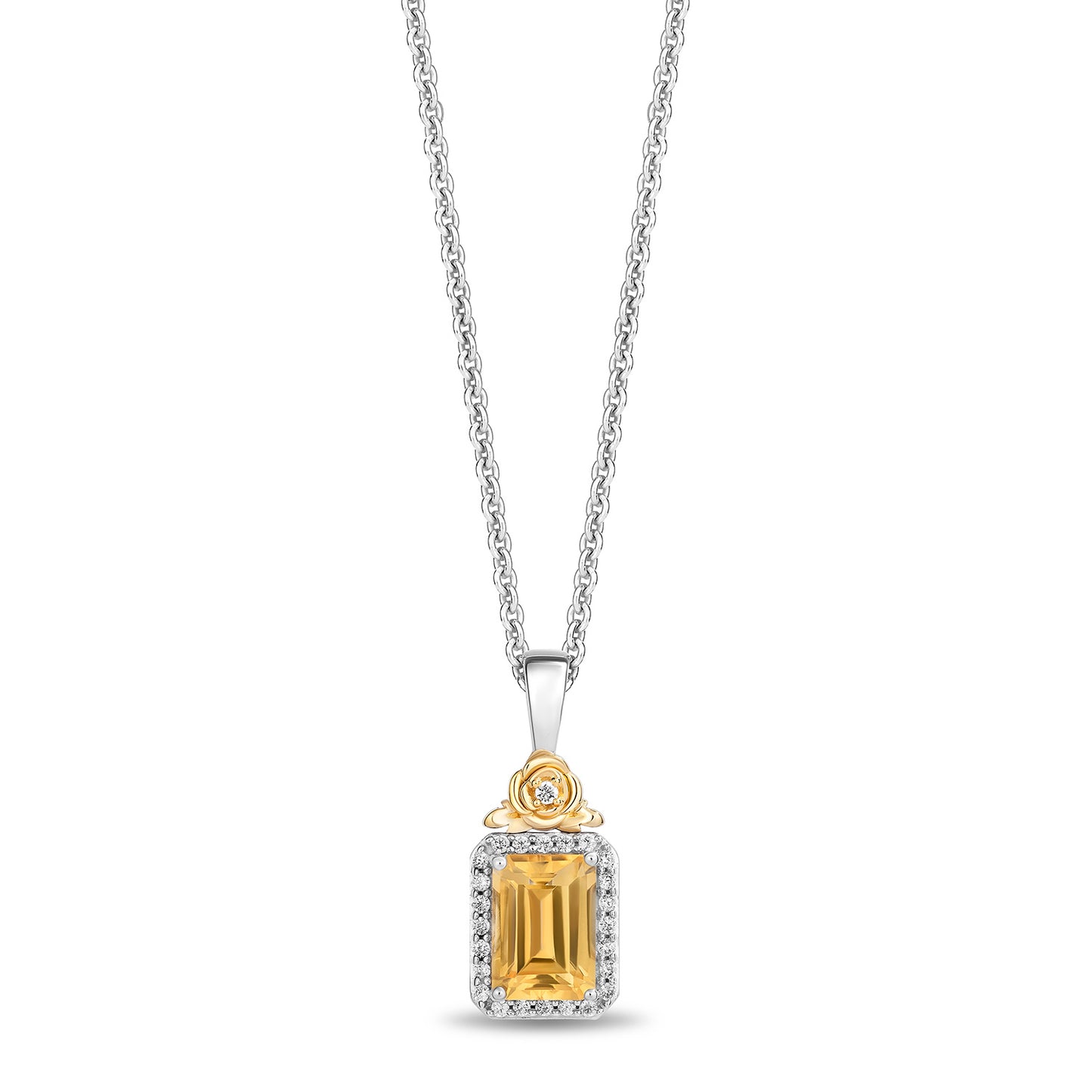 Enchanted Disney Fine Jewelry Sterling Silver and 10K Yellow Gold with 1/10 CTTW Diamonds and Citrine Belle Pendant Necklace