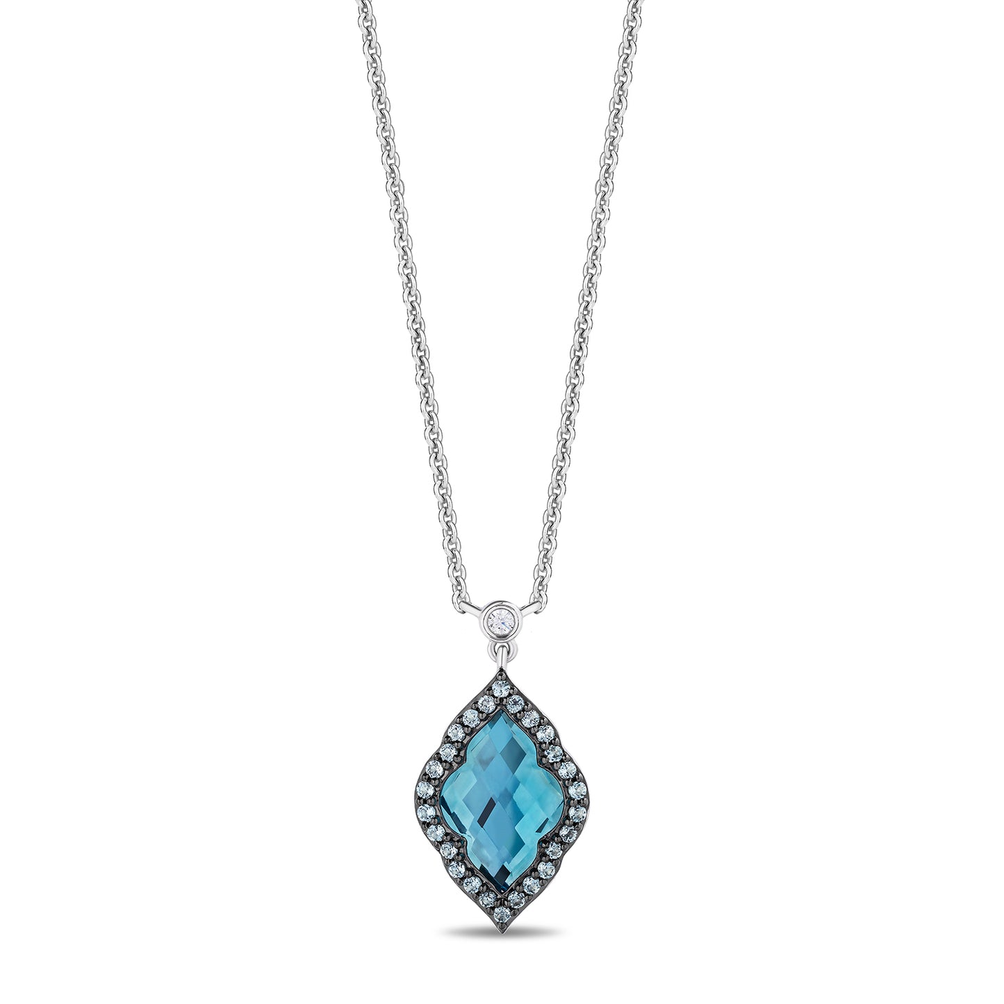 Enchanted Disney Fine Jewelry Black Rhodium Over Sterling Silver 1/3 CTTW Diamond and Special Cut Swiss Blue Topaz Jasmine Necklace
