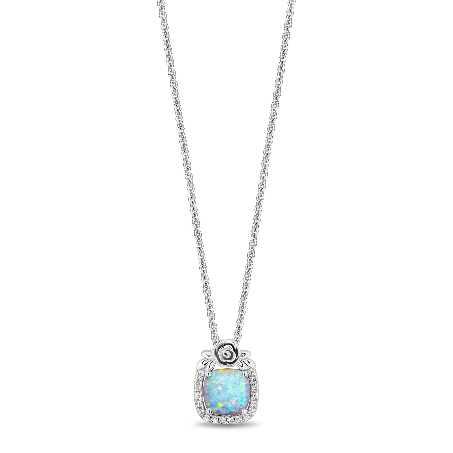 Enchanted Disney Fine Jewelry Sterling Silver with 1/10 CTTW Diamonds and Created Opal Cinderella Necklace