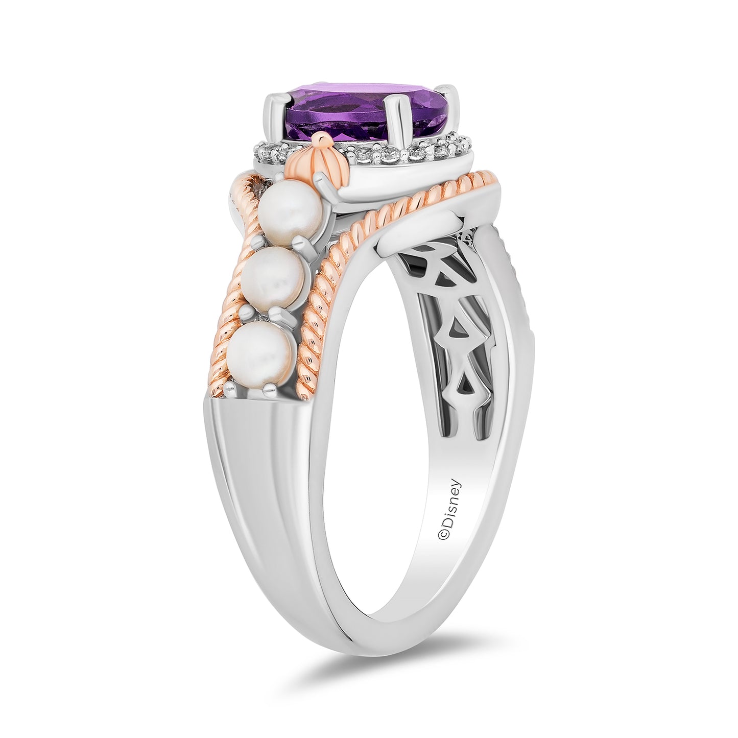 Enchanted Disney Fine Jewelry 14K Rose Gold Over Sterling Silver with 1/20 CTTW Diamonds, Amethyst and Fresh Water Pearl, Disney's Ariel Ring