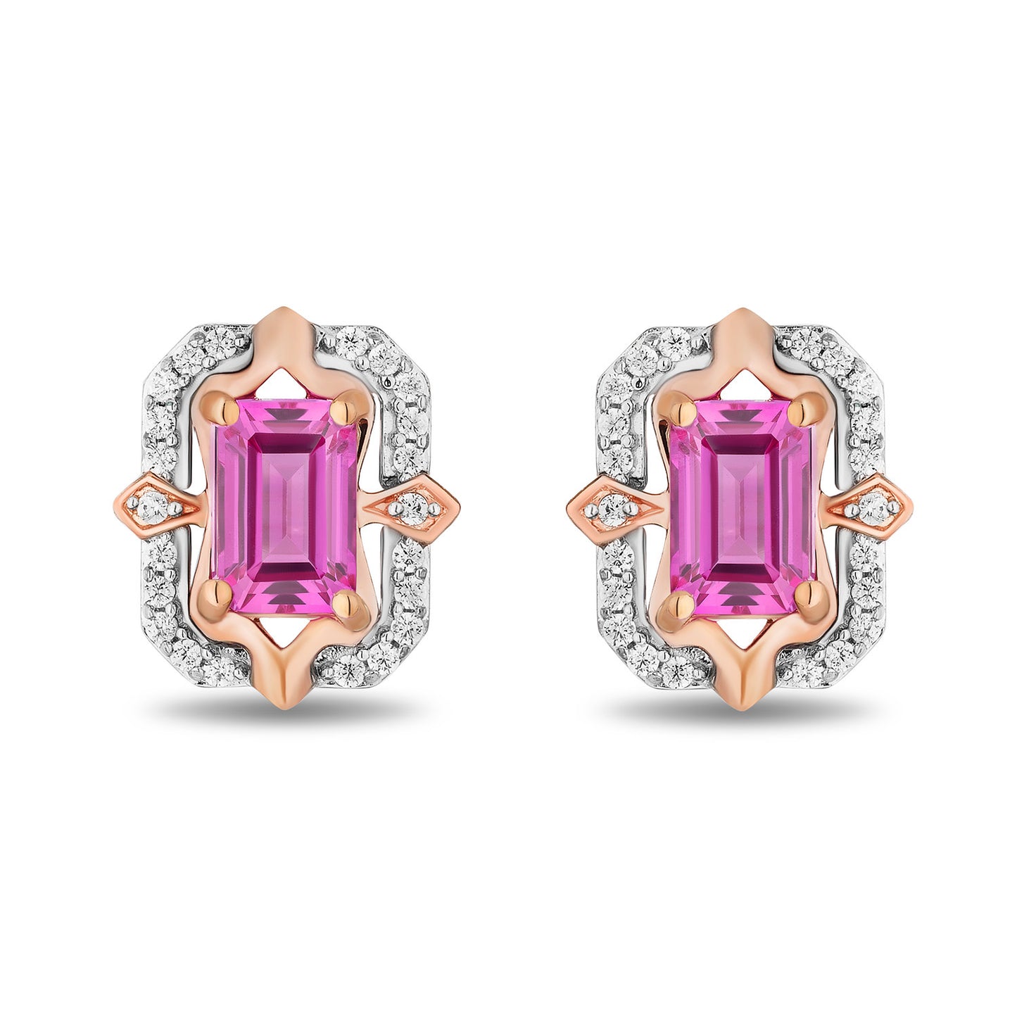 Enchanted Disney Fine Jewelry 14K Rose Gold over Sterling Silver with 1/6 CTTW Diamonds and Created Pink Sapphire Aurora Earrings