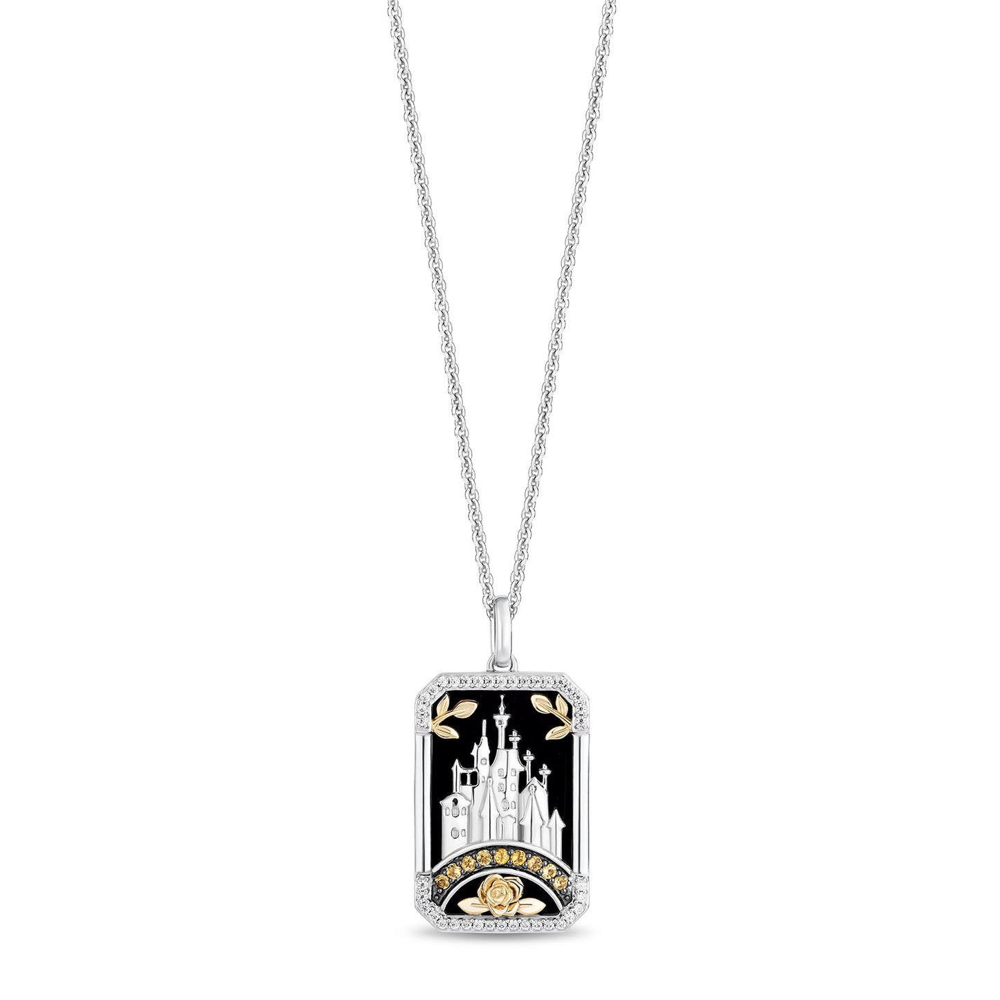 Enchanted Disney Fine Jewelry 14K Yellow Gold and Black Rhodium Over Sterling Silver with 1/8 CTTW Diamonds, Special Cut Black Onyx and Citrine Belle Necklace