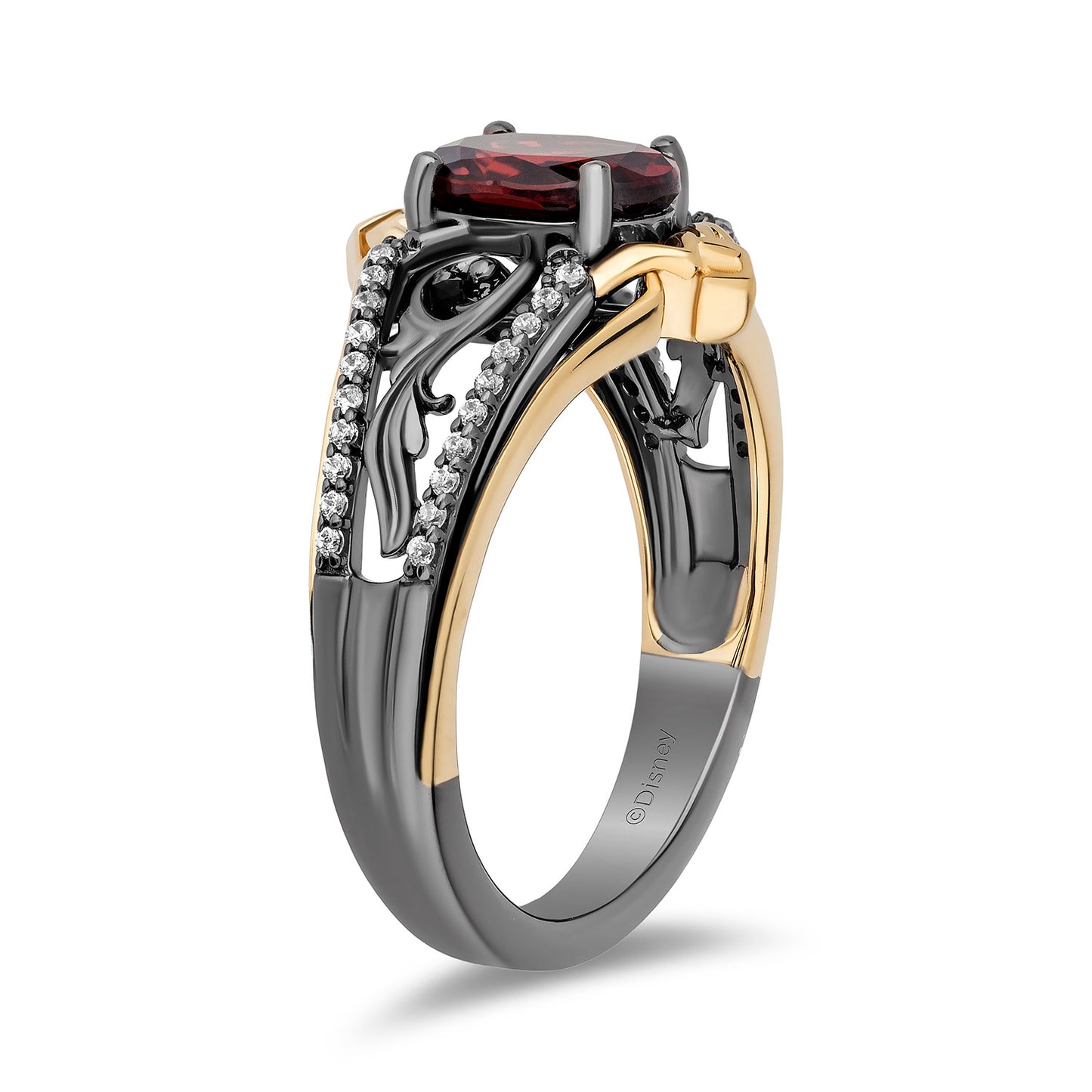 Enchanted Disney Fine Jewelry 14K Yellow Gold and Black Rhodium over Sterling Silver with 1/6 CTTW Diamonds and Red Garnet Evil Queen Ring