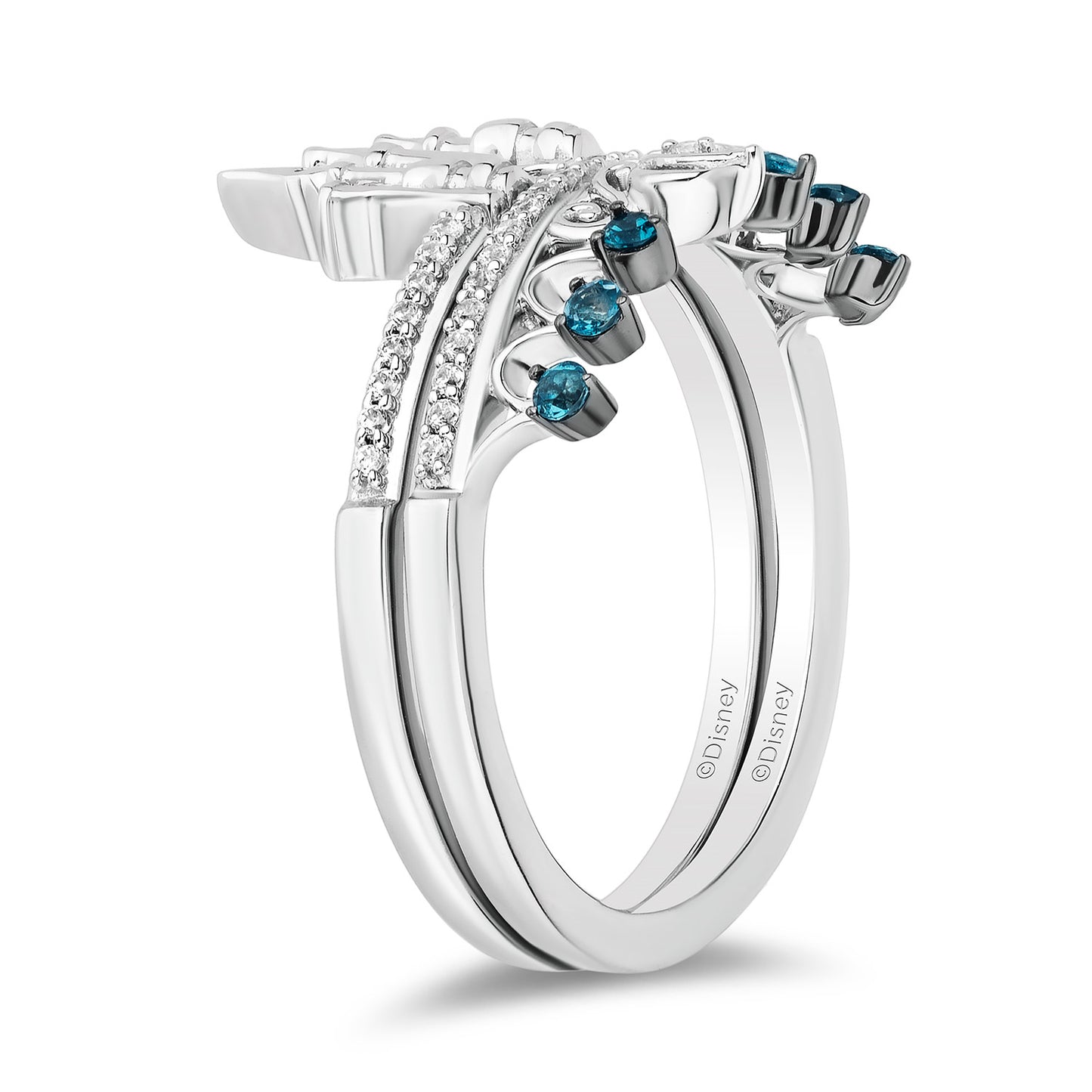 Enchanted Disney Fine Jewelry Sterling Silver with 1/8 CTTW Diamonds and London Blue Topaz Cinderella Duo Stack Ring