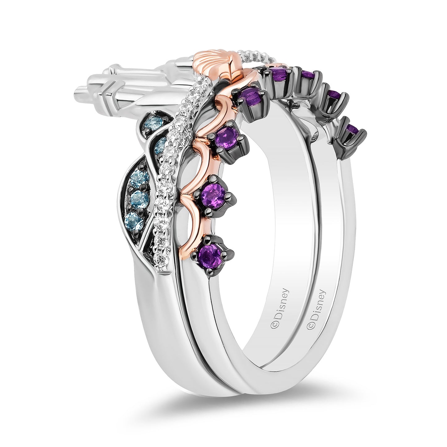 Enchanted Disney Fine Jewelry 14K Rose Gold Over Sterling Silver with 1/10 CTTW Diamonds, Swiss Blue Topaz and Amethyst Ariel Duo Stack Ring