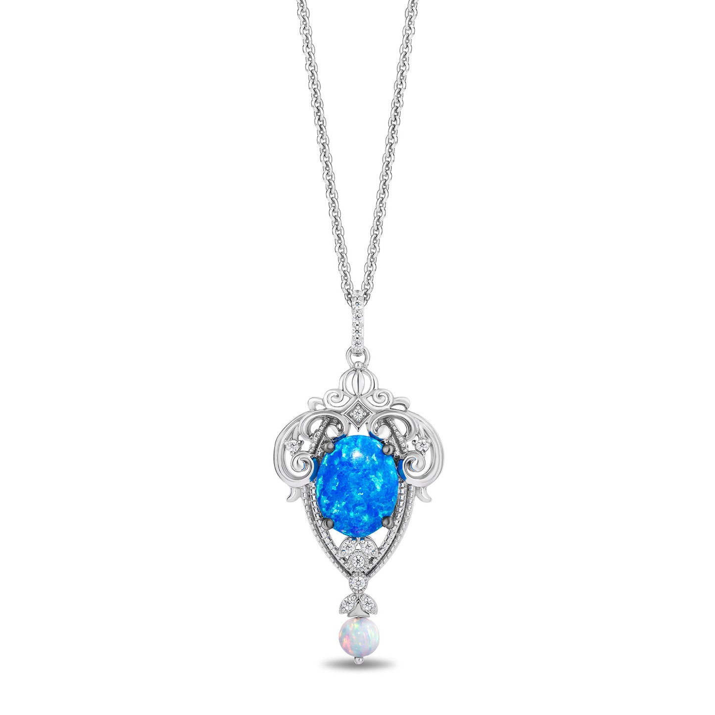 Enchanted Disney Fine Jewelry Sterling Silver with 1/10 CTTW Diamonds, Created Opal and Created Blue Opal Cinderella Necklace